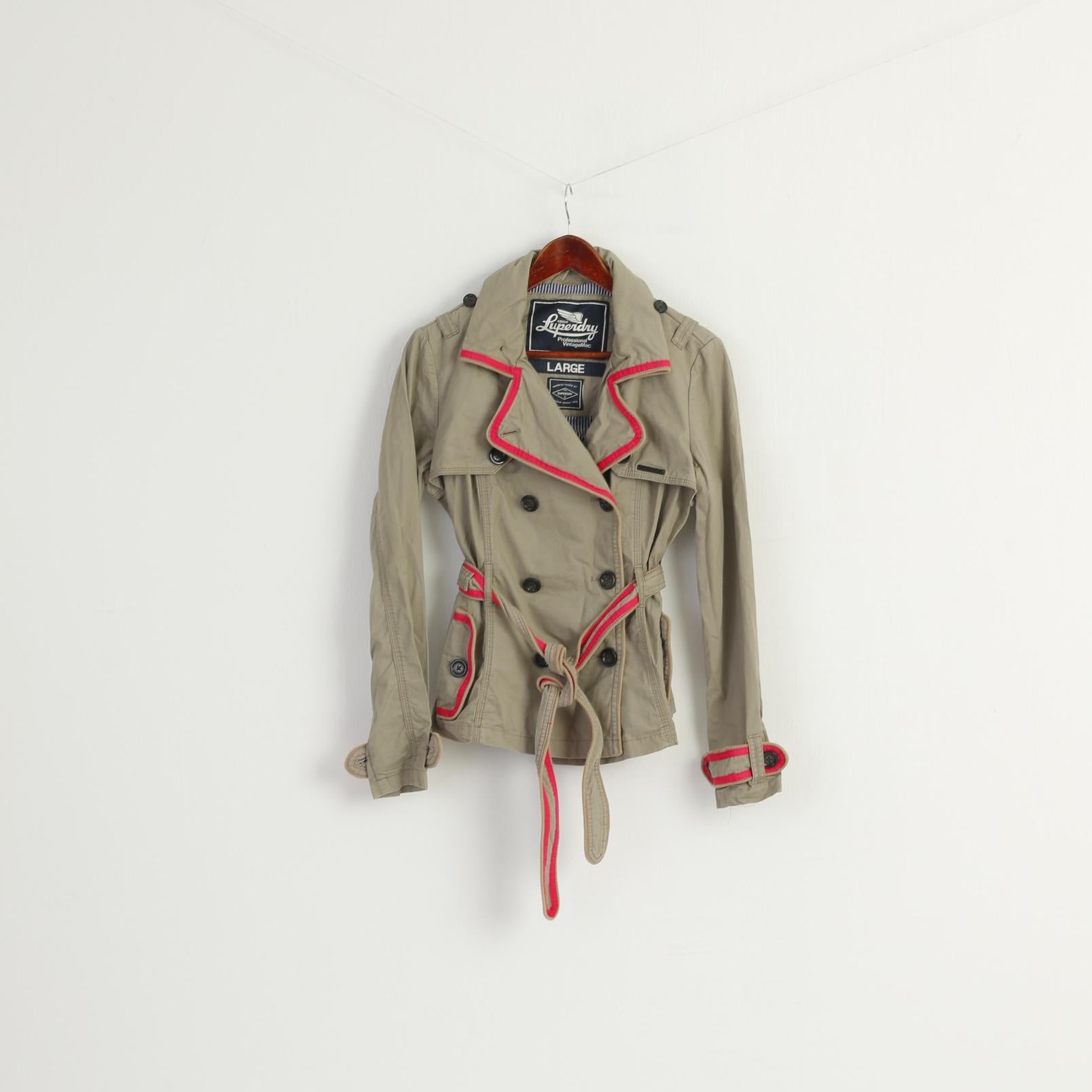 Superdry Women L (M) Jacket Beige Vintage Mac 100% Cotton Beldted Fited Top