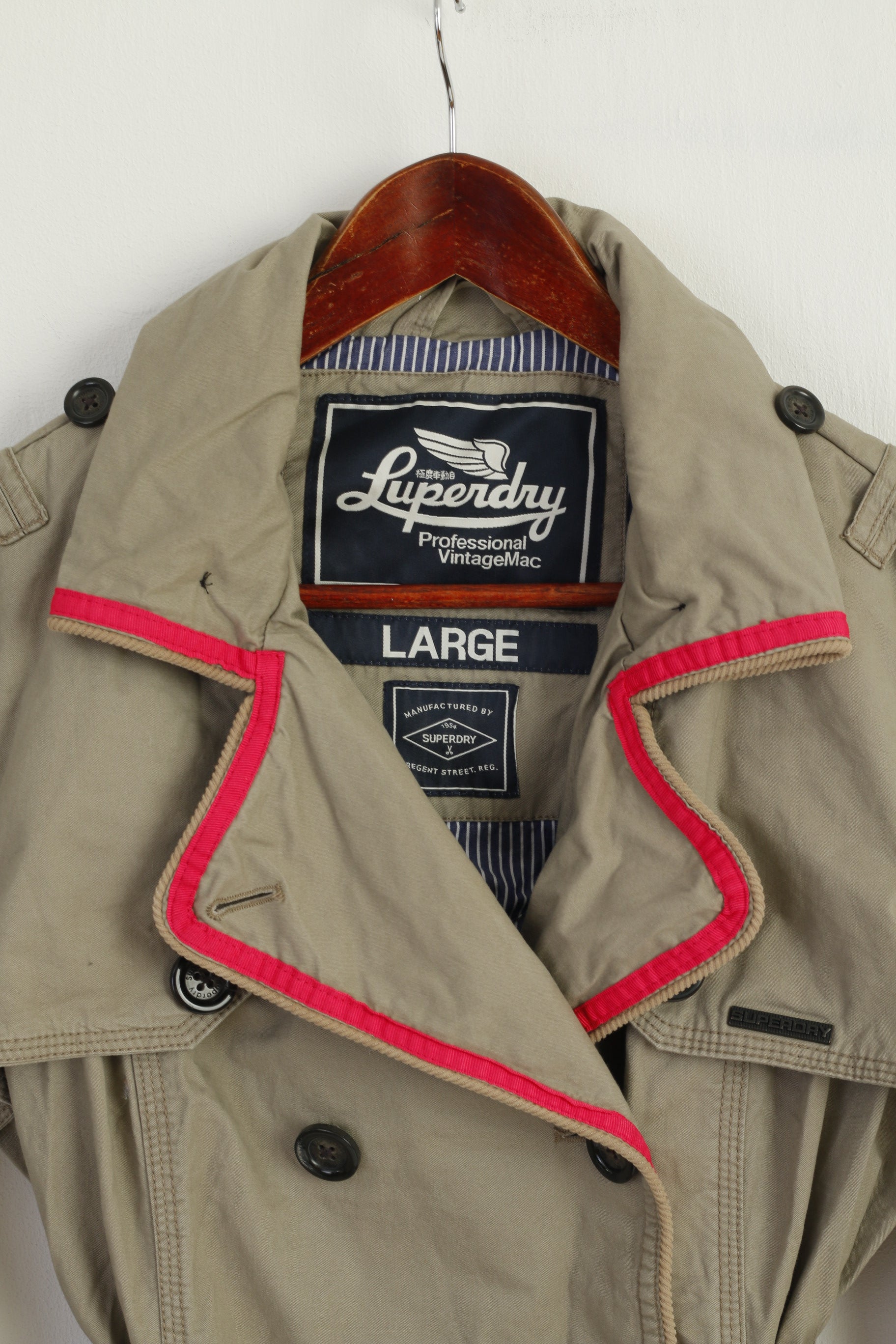 Superdry Women L (M) Jacket Beige Vintage Mac 100% Cotton Belted Fited Top