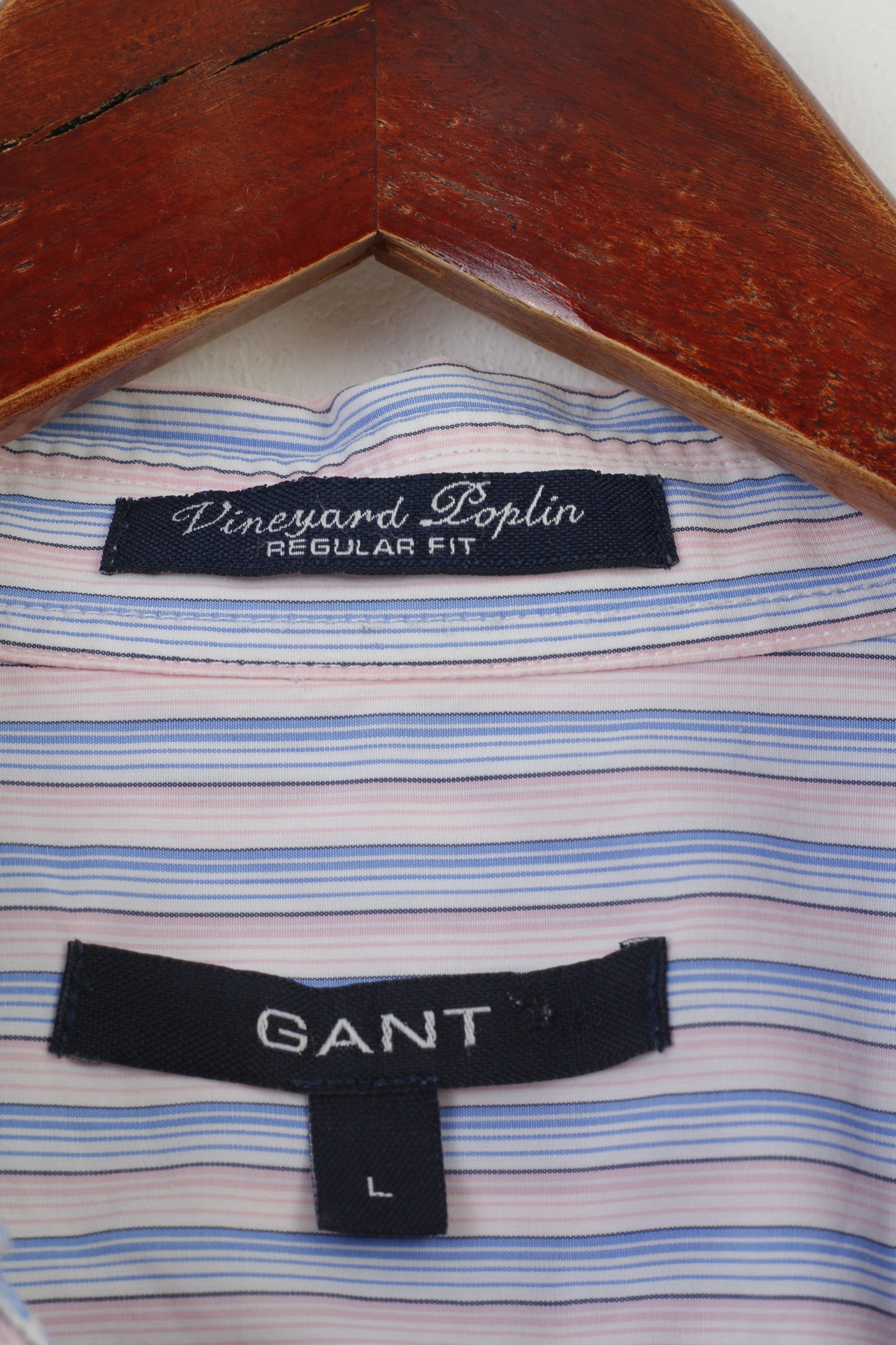 Gant Camicia casual da uomo L a righe blu rosa, vestibilità regolare, colletto in popeline di cotone vigneto