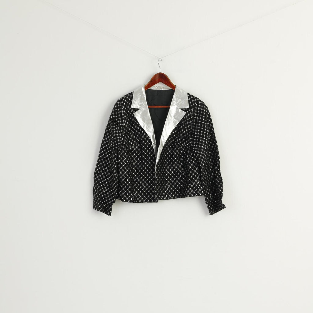 Vintage Women 44 L Cropped Blazer Black Silver Detailed Shiny Party Jacket