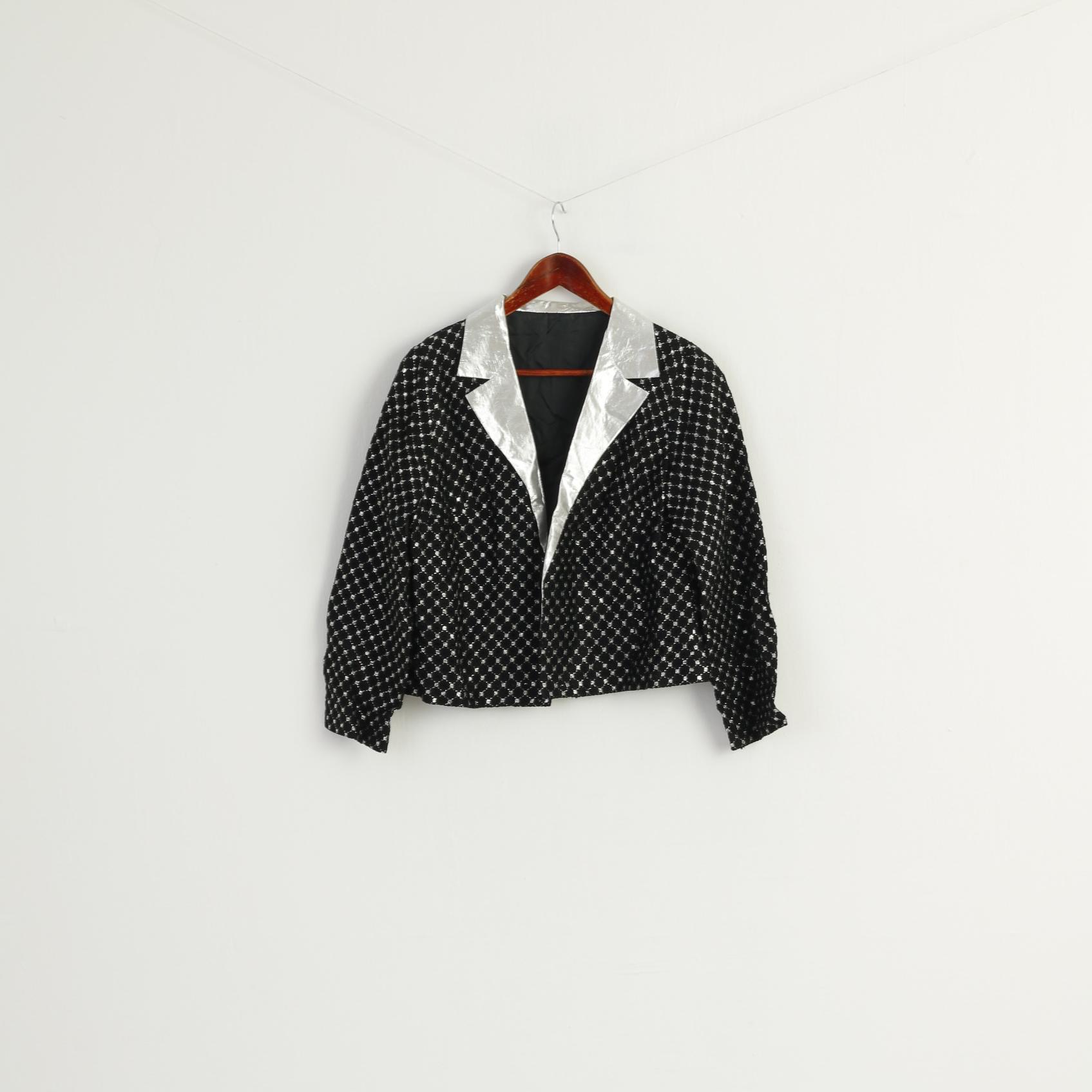 Vintage Women 44 L Cropped Blazer Black Silver Detailed Shiny Party Jacket
