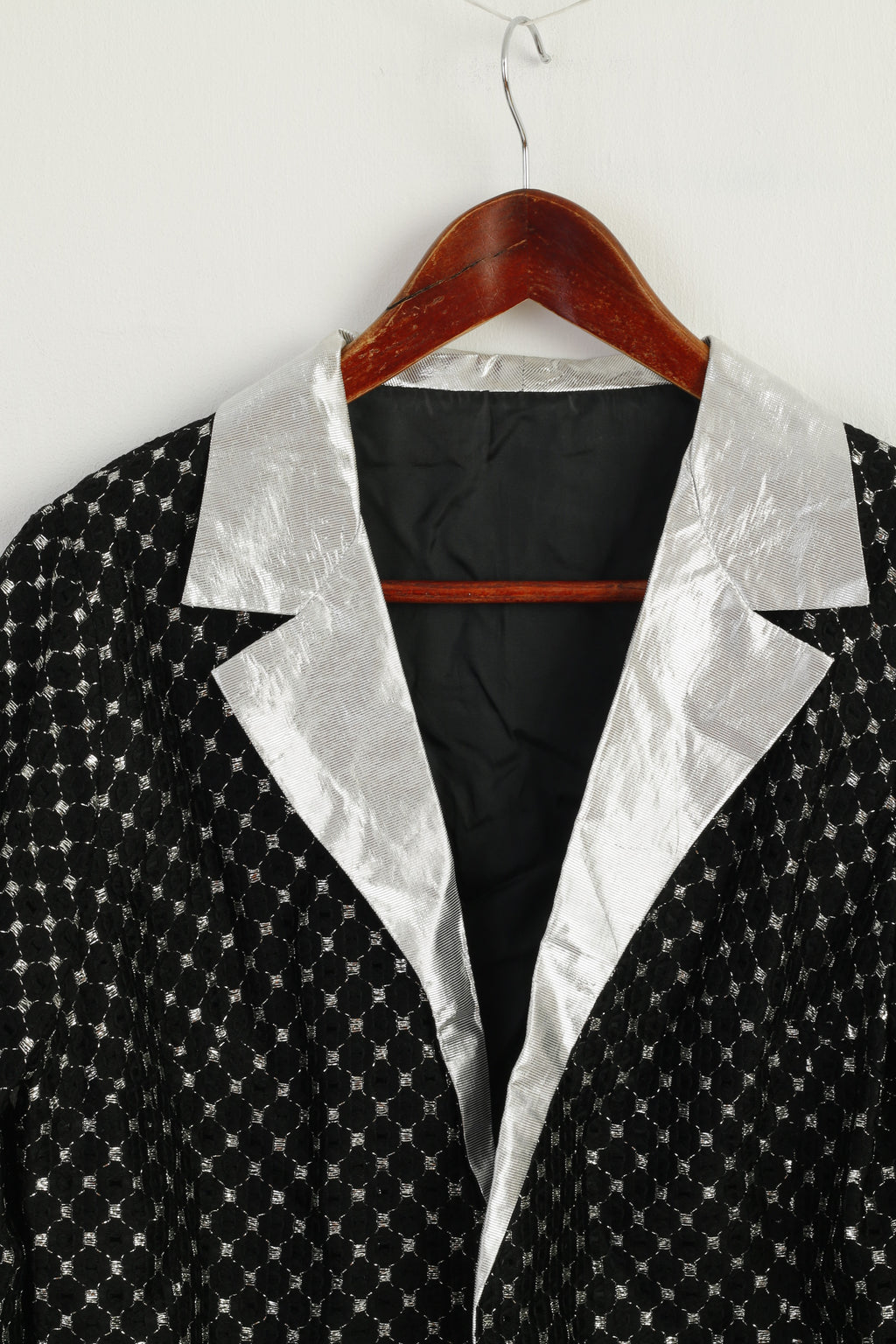 Vintage Women 44 L Cropped Blazer Black Silver Detailed Shiny Party Jacket