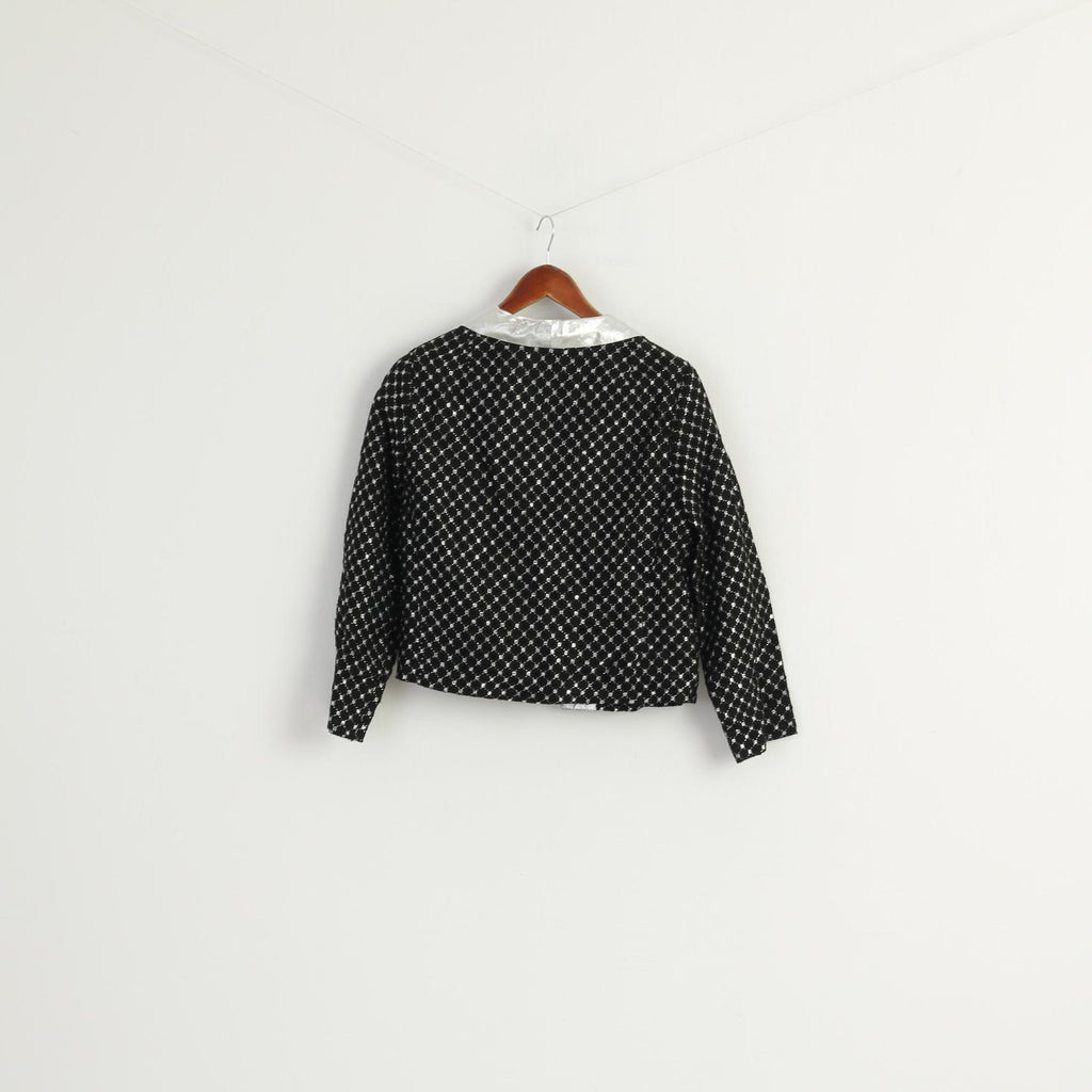 Vintage Women 44 L Cropped Blazer Black Silver Detailed Shiny Party Jacket