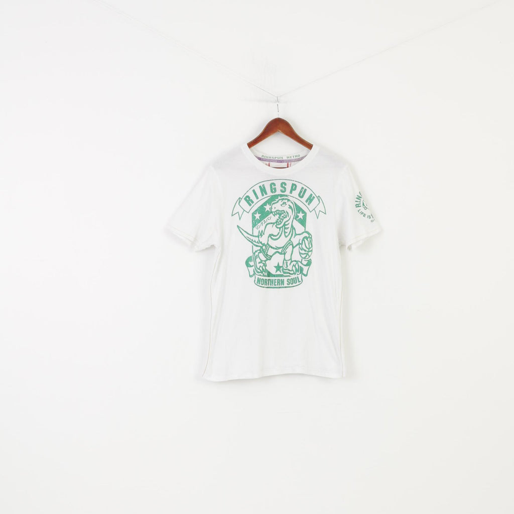 Ringspun Men L T-shirt White Cotton Sport Dinosaur Graphic Vintage Top