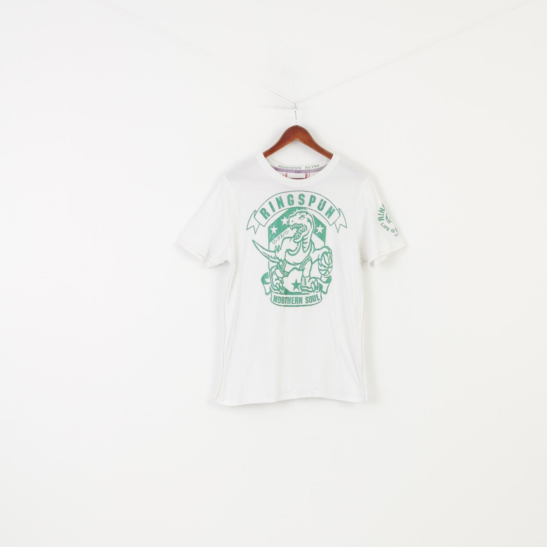 Ringspun Men L T-shirt White Cotton Sport Dinosaur Graphic Vintage Top
