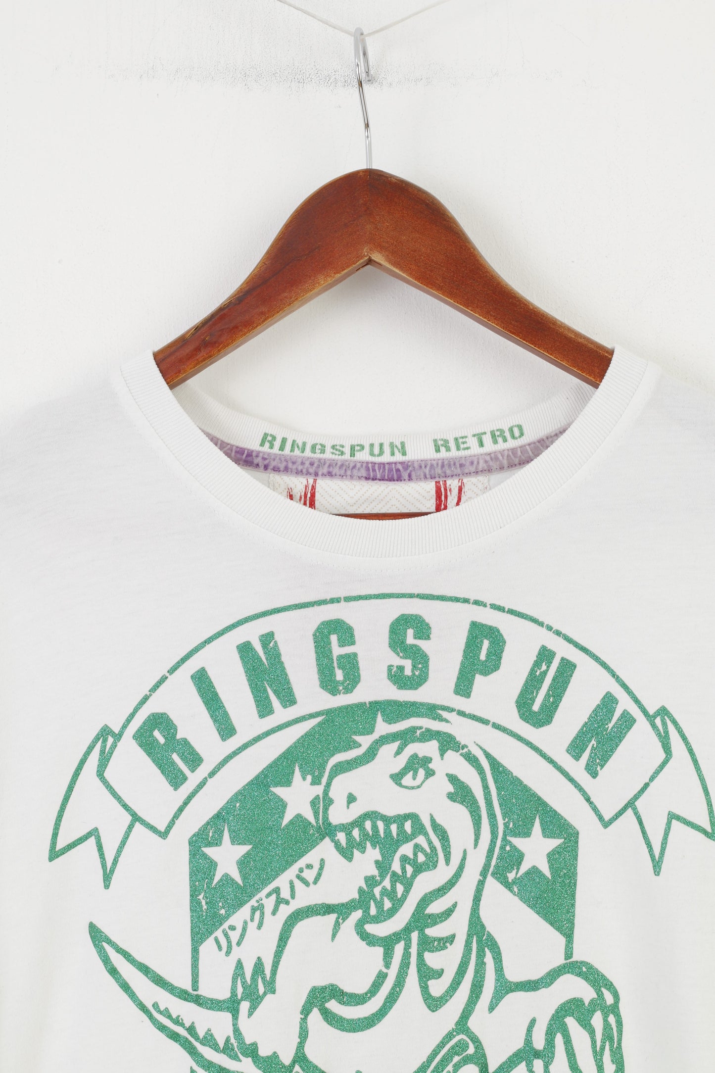 Ringspun Men L (S) Shirt White Cotton Sport Dinosaur Graphic Vintage Top