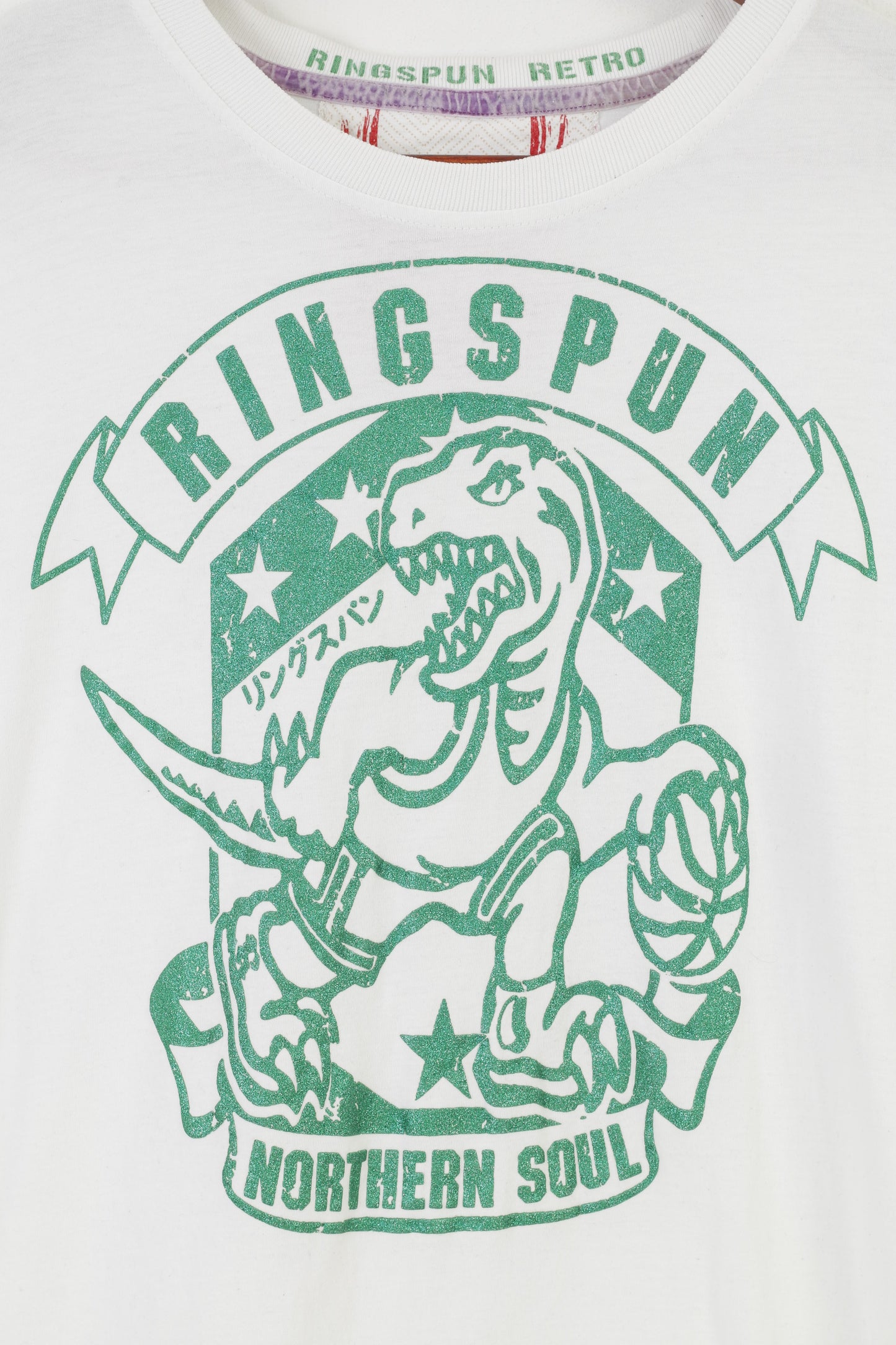 Camicia Ringspun da uomo L (S) in cotone bianco con grafica dinosauro sportiva e top vintage
