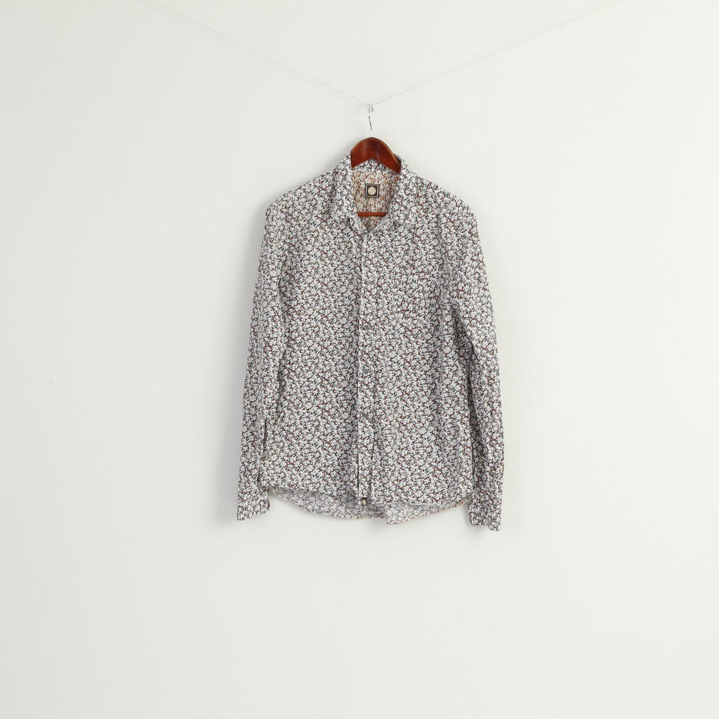 Pretty Green Men XL Casual Shirt White Printed Cotton Long Sleeve Pocket Top