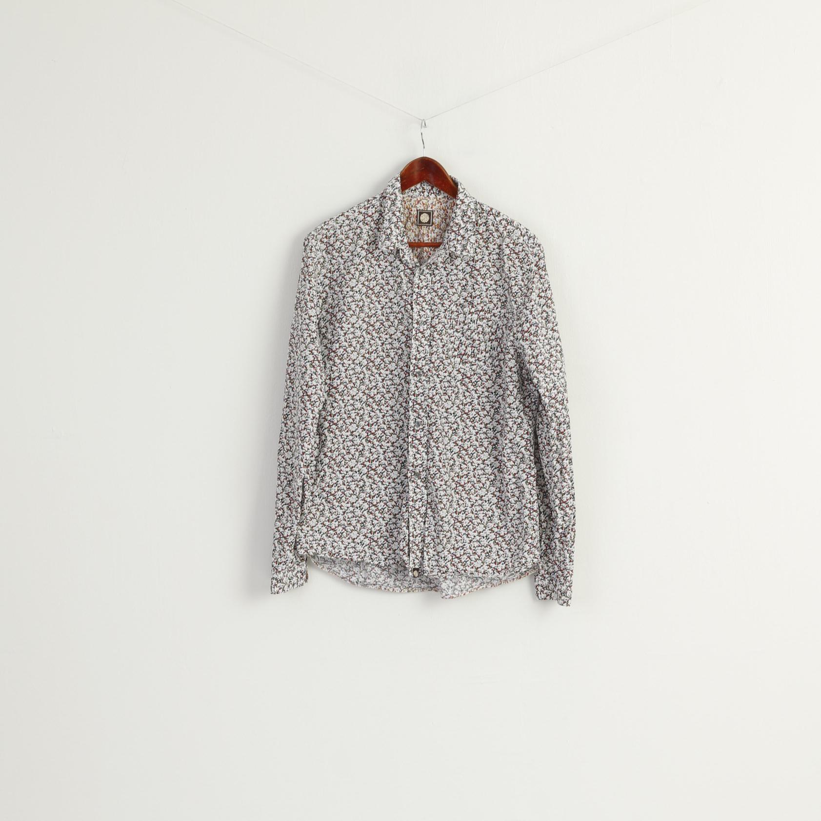 Pretty Green Men XL Casual Shirt White Printed Cotton Long Sleeve Pocket Top