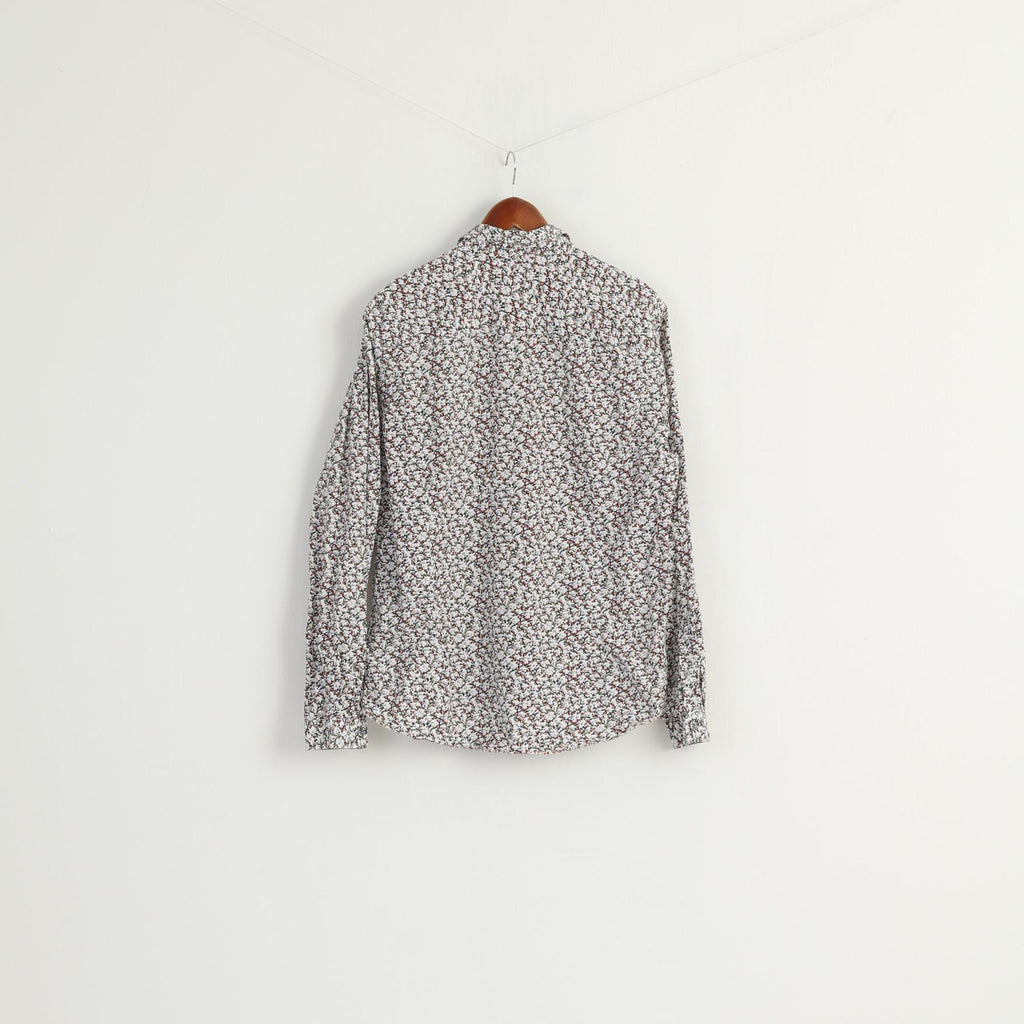 Pretty Green Men XL Casual Shirt White Printed Cotton Long Sleeve Pocket Top