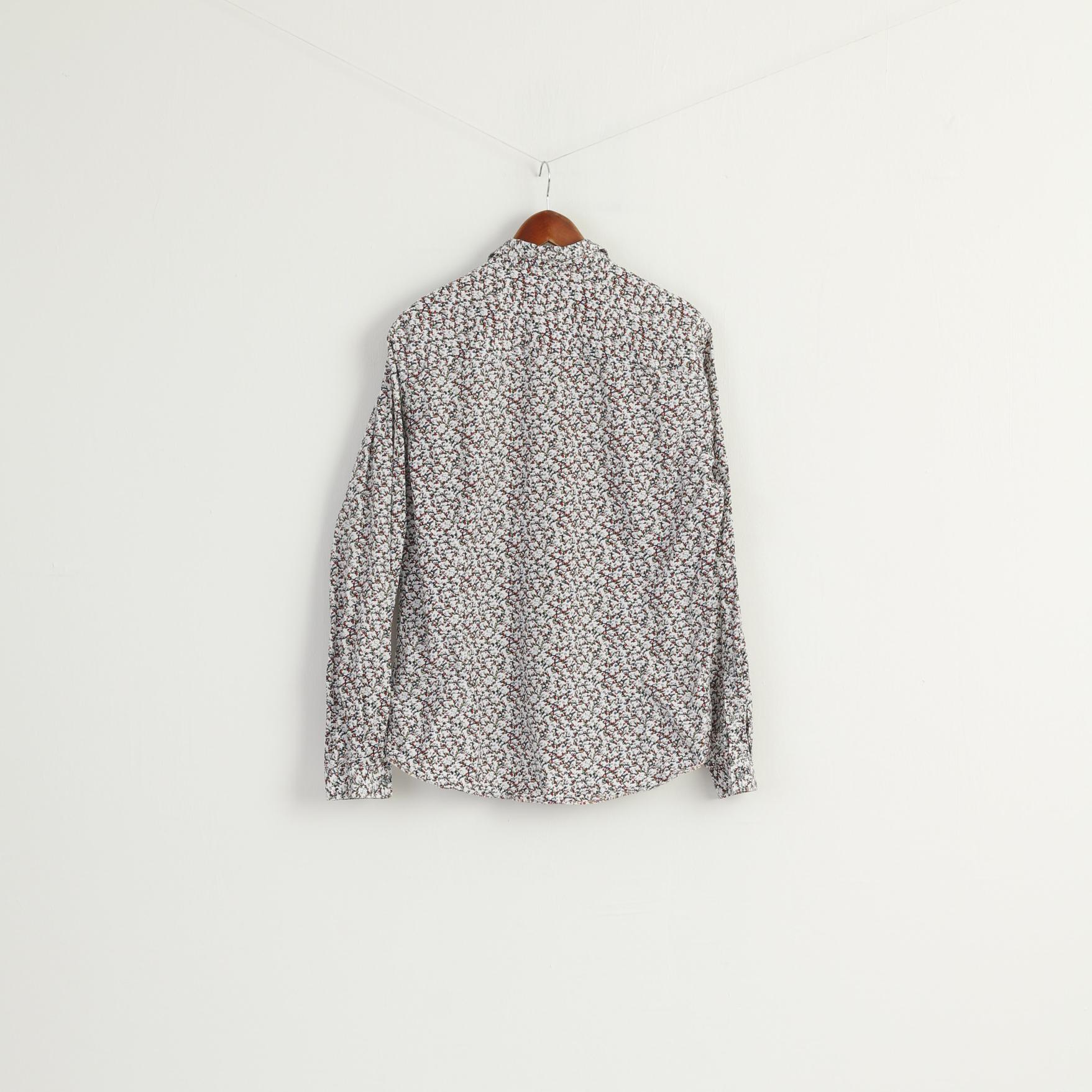 Pretty Green Men XL Casual Shirt White Printed Cotton Long Sleeve Pocket Top