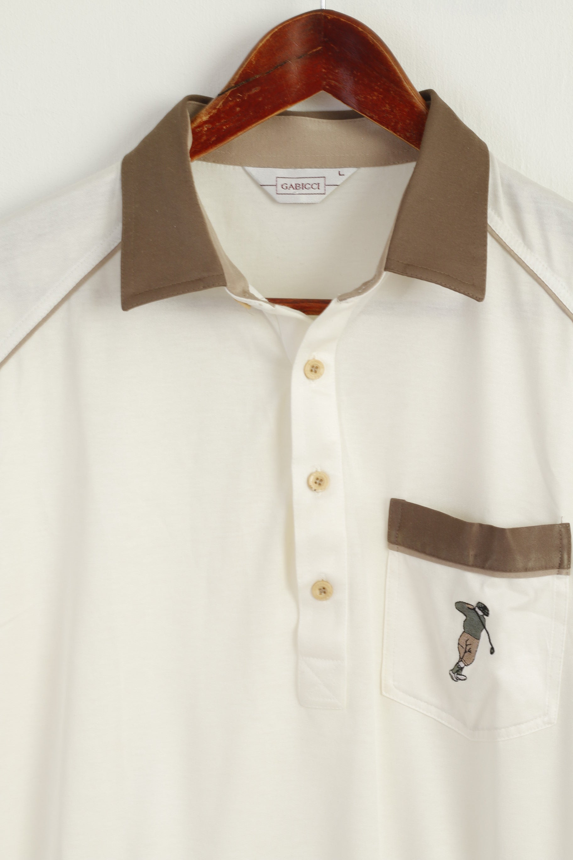 GABICCI Men L Polo Shirt Cream Shiny Cotton BlendPocket Golf Sport Classic Top