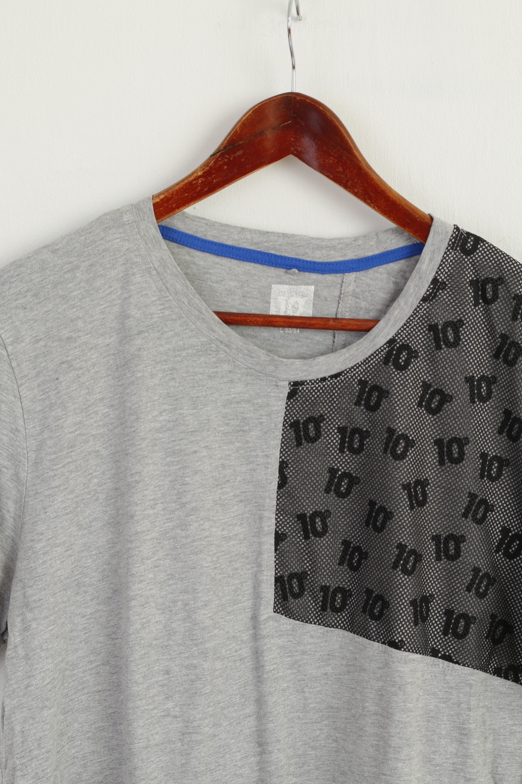 10 Men L 52/54 Shirt Grey Cotton Crew Neck 10 Mesh Detailed Sport Top