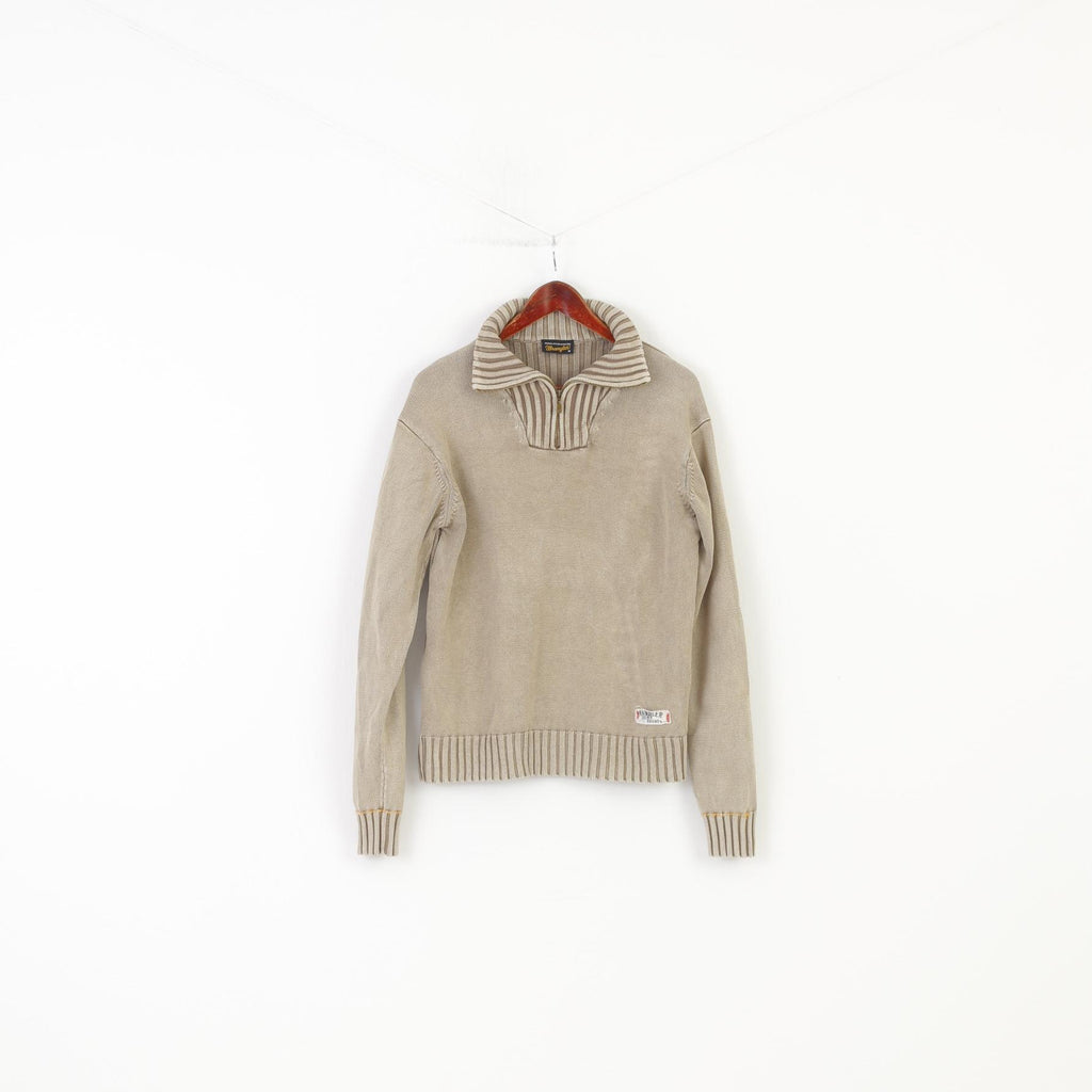 Wrangler Men M Jumper Brown Cotton Zip Neck Long Sleeve Winter Top 