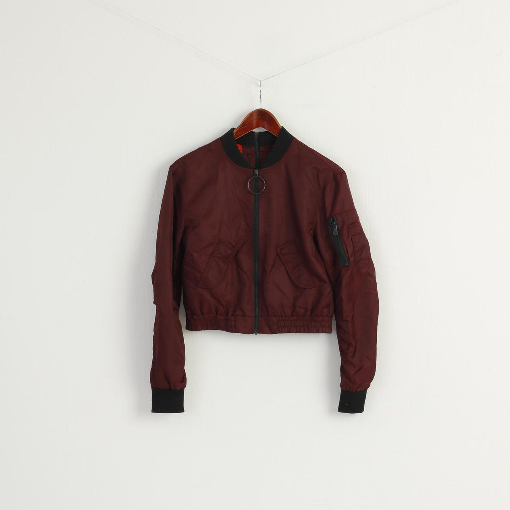 Eksept Women XS Jacket Burgundy Zip Up Cropped Nylon Bomber Streetwear Top