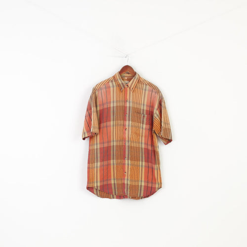 C&A Men M Casual Shirt Checkered Orange Short Sleeve Cotton Collar Top