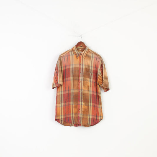 C&A Men M Casual Shirt Checkered Orange Short Sleeve Cotton Collar Top