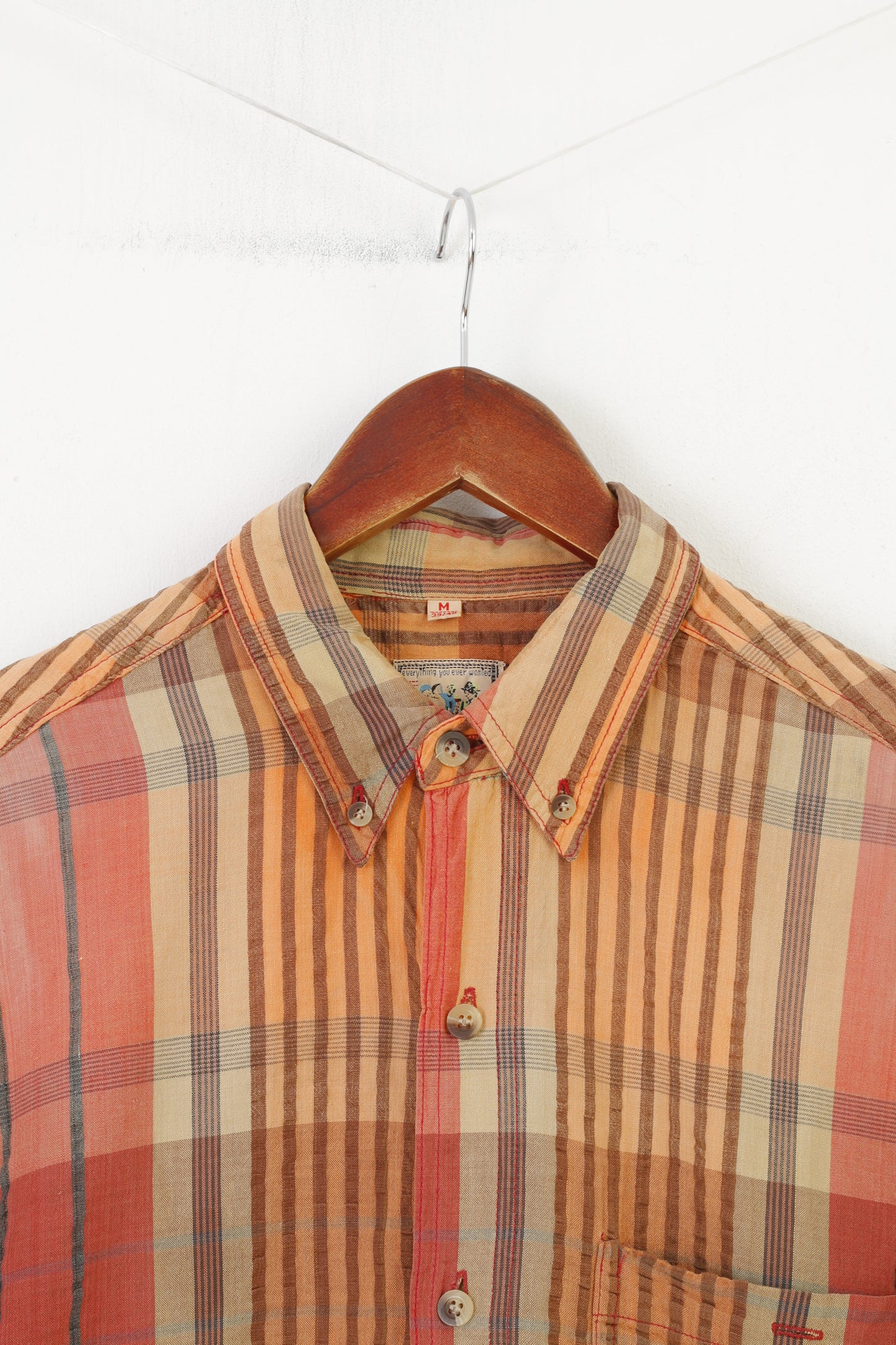 C&A Men M Casual Shirt Orange Checkered Vintage Short Sleeve Cotton Collar Top