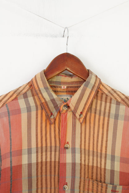 C&A Men M Casual Shirt Orange Checkered Vintage Short Sleeve Cotton Collar Top