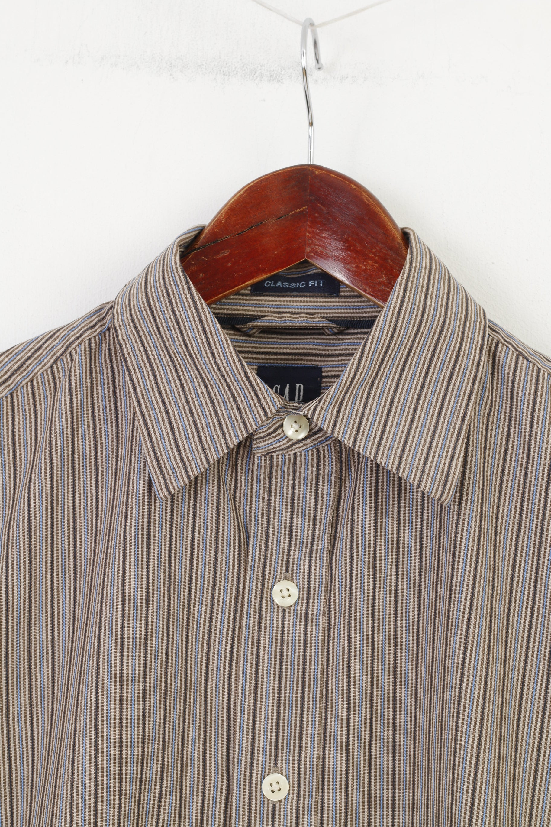 GAP Men 14 1/2 S Casual Shirt Striped Brown Collar Long Sleeve Classic Fit Cotton Top