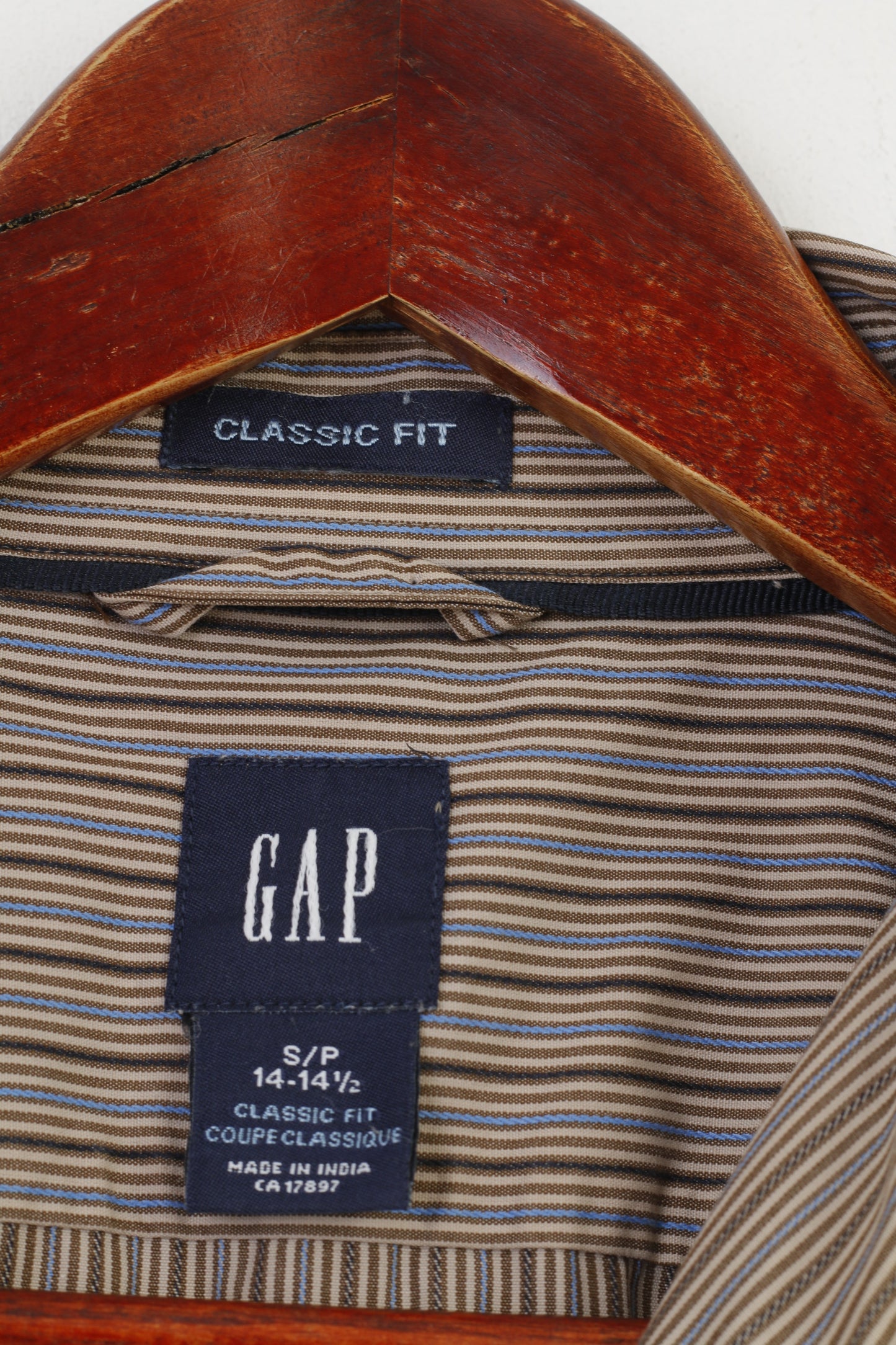 GAP Men 14 1/2 S Casual Shirt Striped Brown Collar Long Sleeve Classic Fit Cotton Top