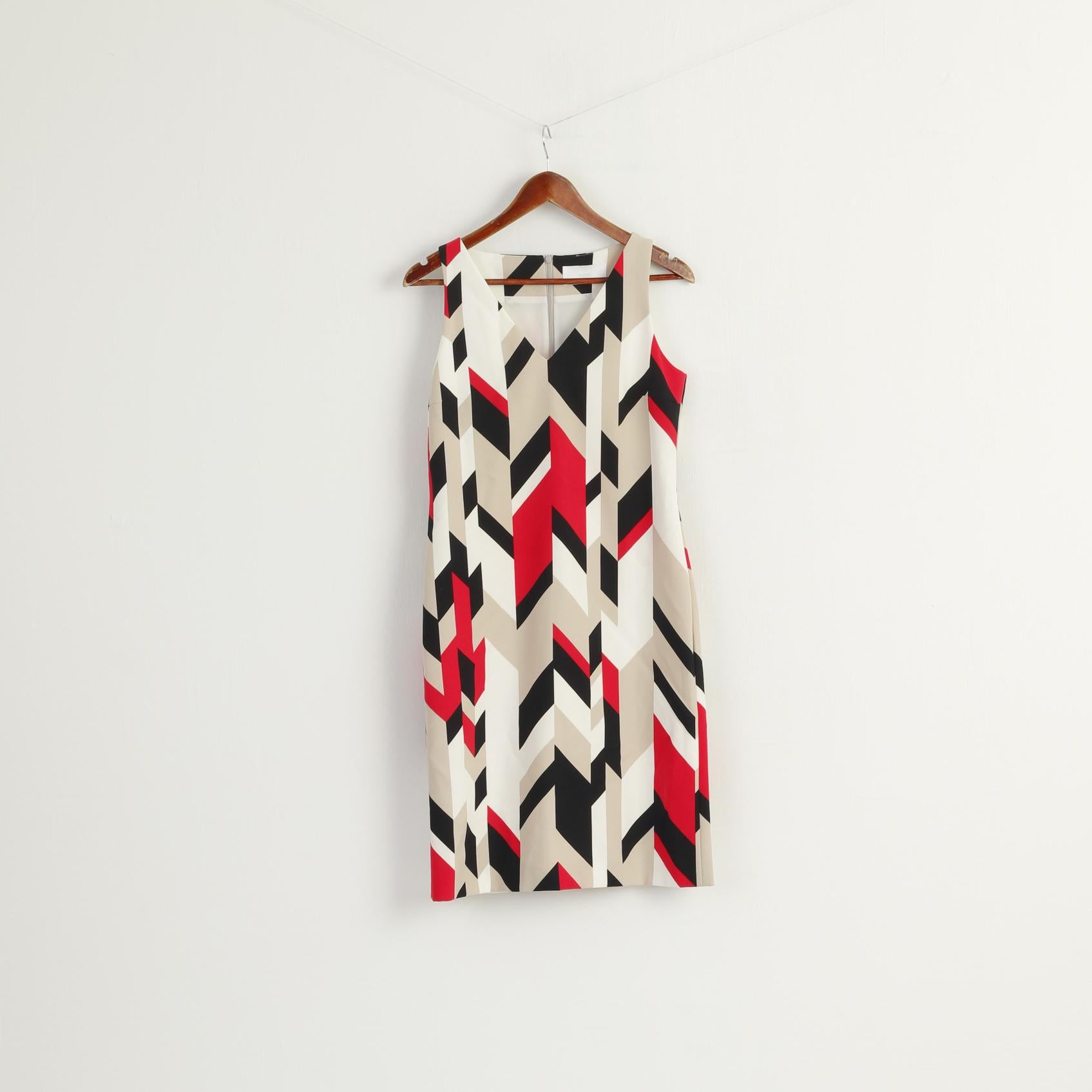 Hugo Boss Women 36 8 S Dress Beige Sleeveless Pencil Elegant Geometric Print