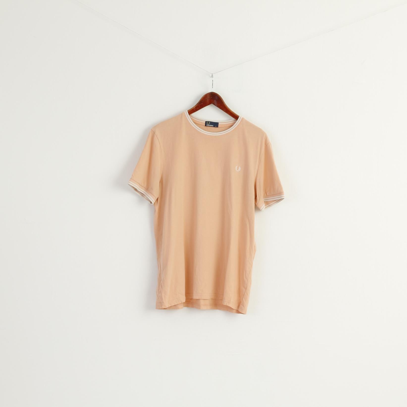 Fred Perry Men XL Shirt Peach 100% Cotton Vintage Classic Short Sleeve Top