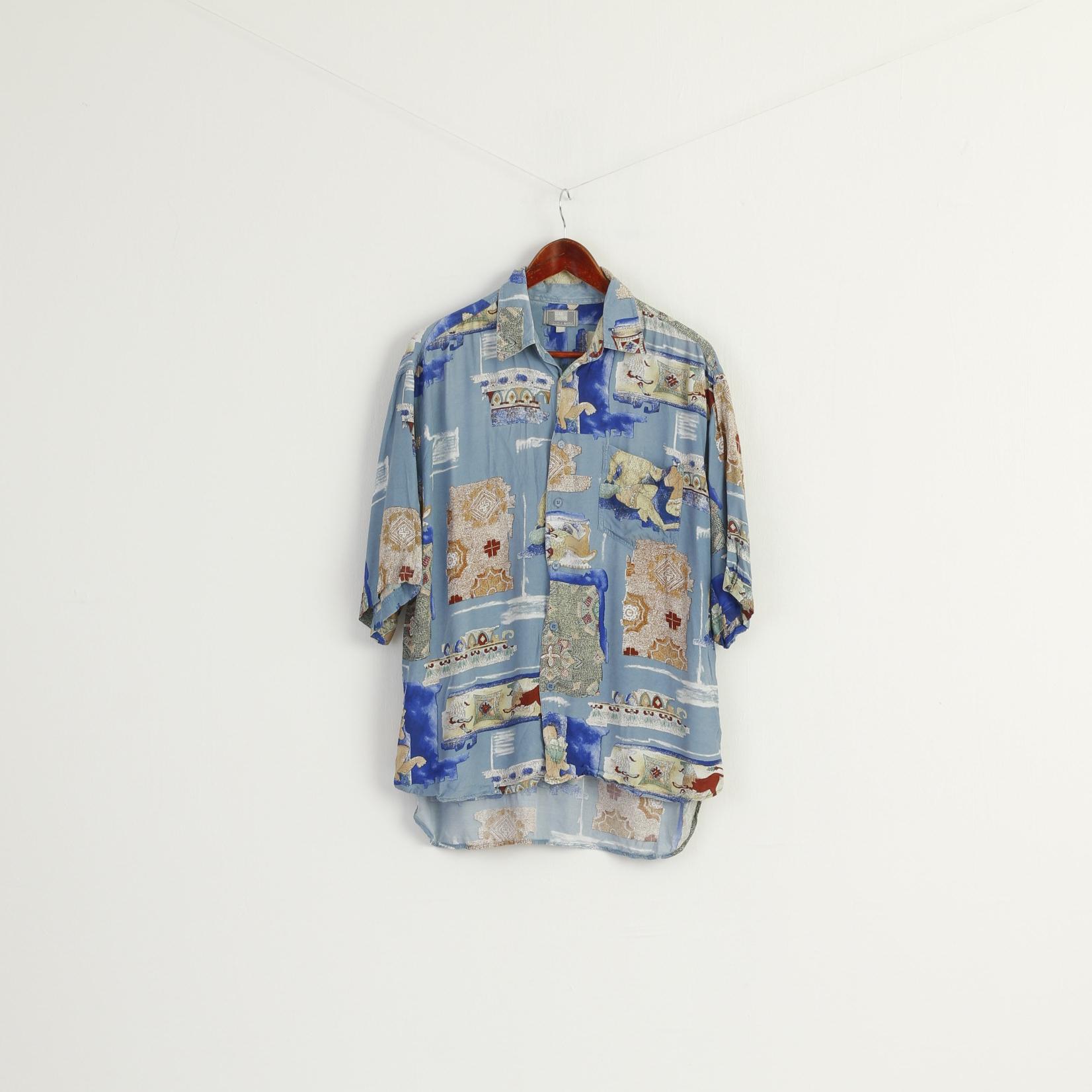 Globe Trotter Men XL Casual Shirt Blue Soft Cotton Vintage Printed Pocket Top