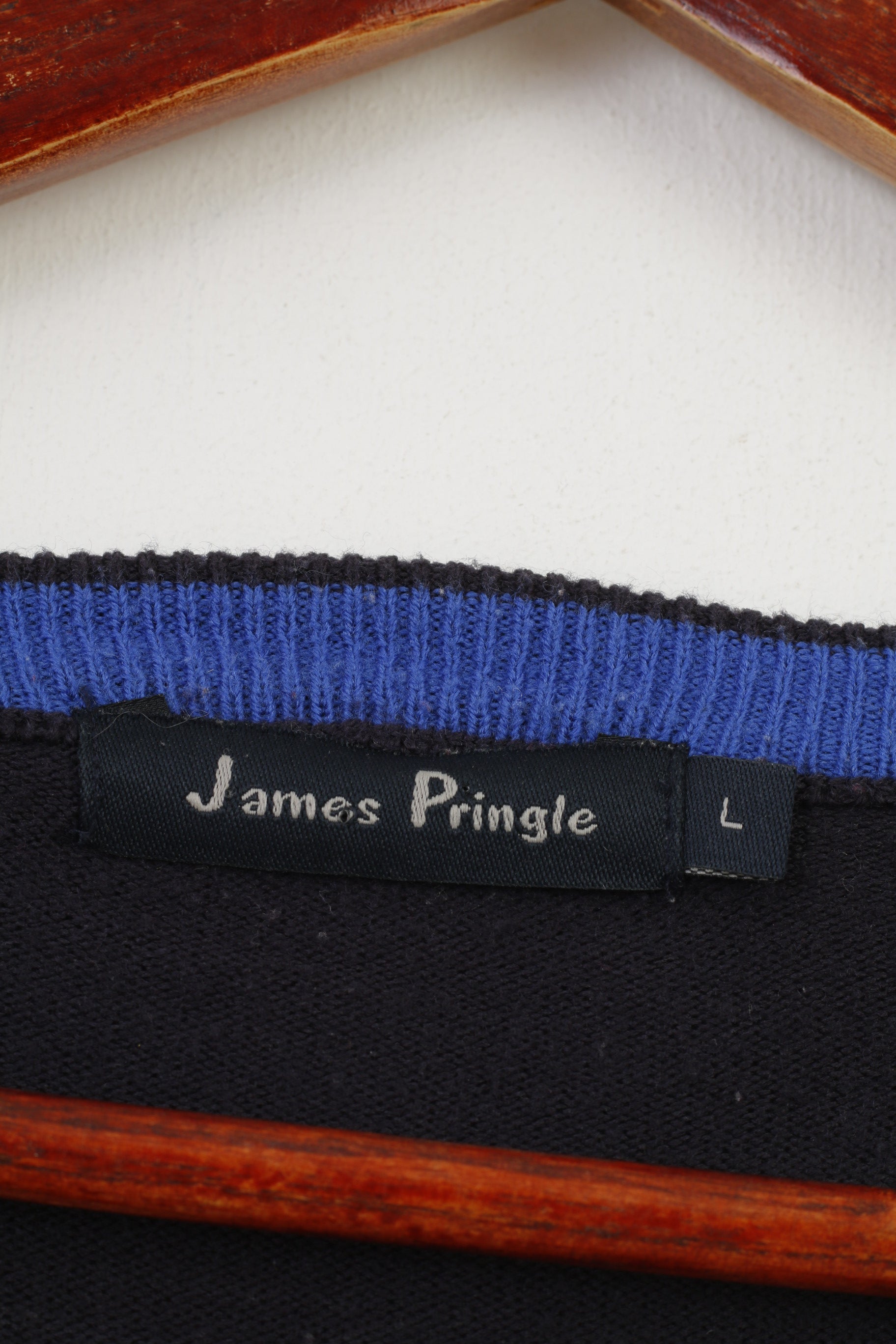 James Pringle Men L Jumper Navy V Neck Acrylic Classic Vintage Top