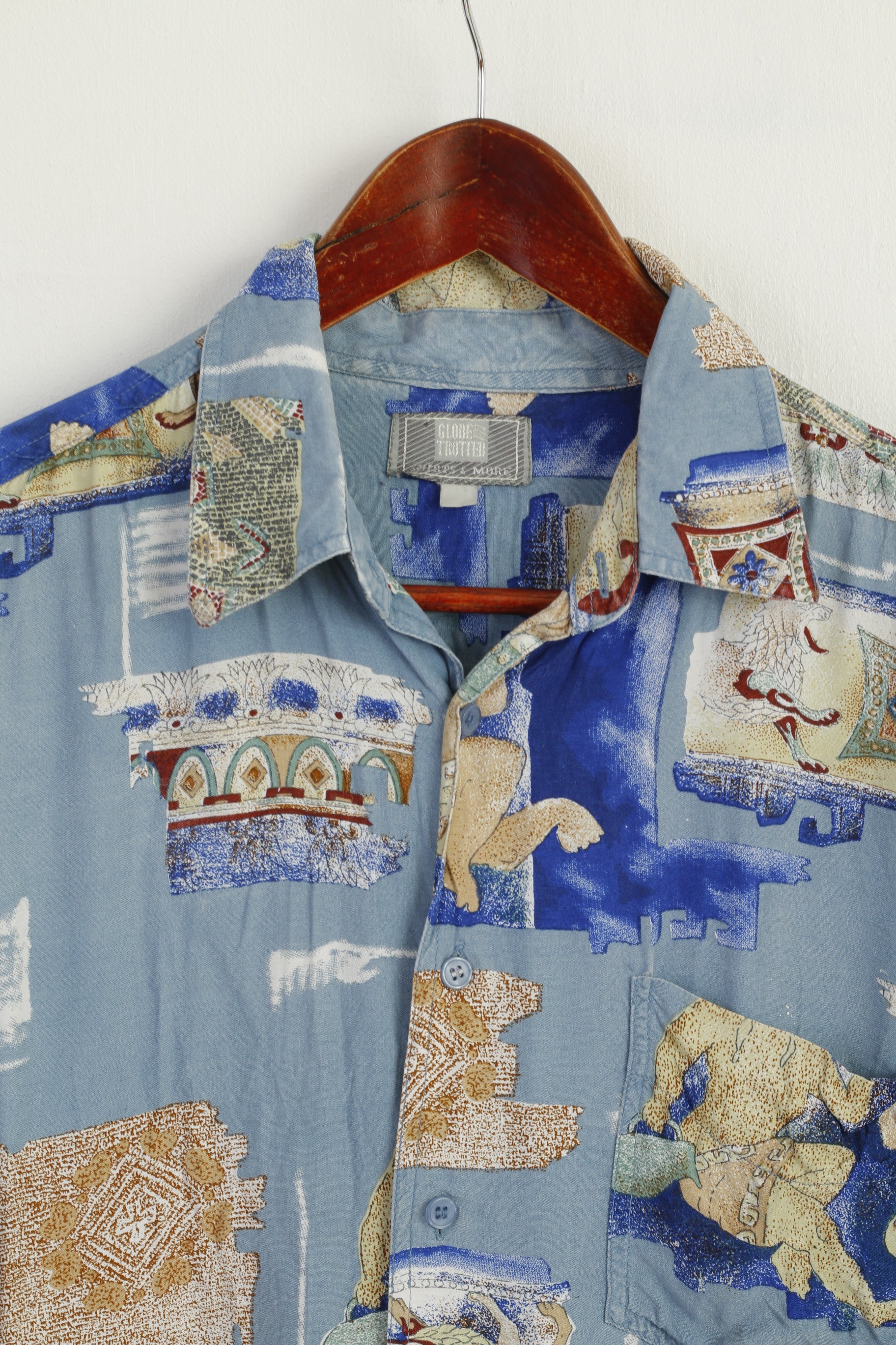 Globe Trotter Men XL Casual Shirt Blue Soft Cotton Vintage Printed Pocket Top