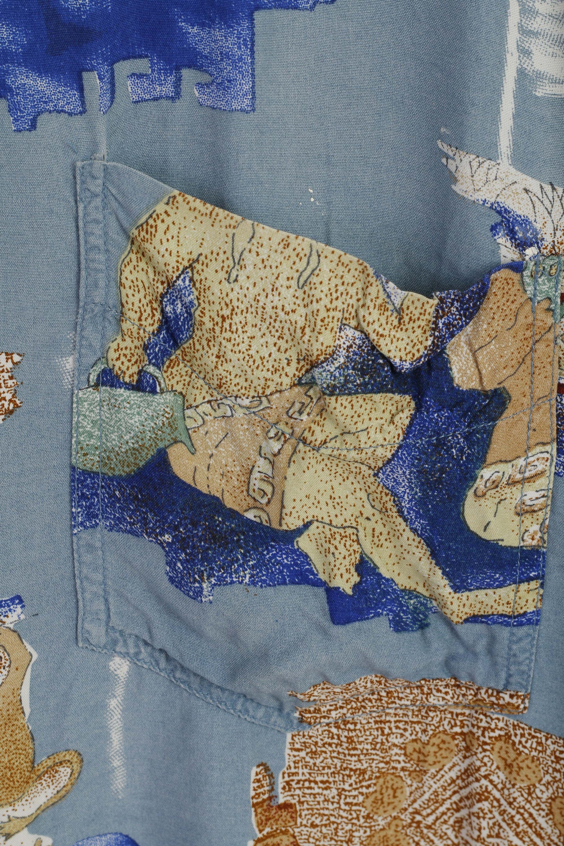 Globe Trotter Men XL Casual Shirt Blue Soft Cotton Vintage Printed Pocket Top