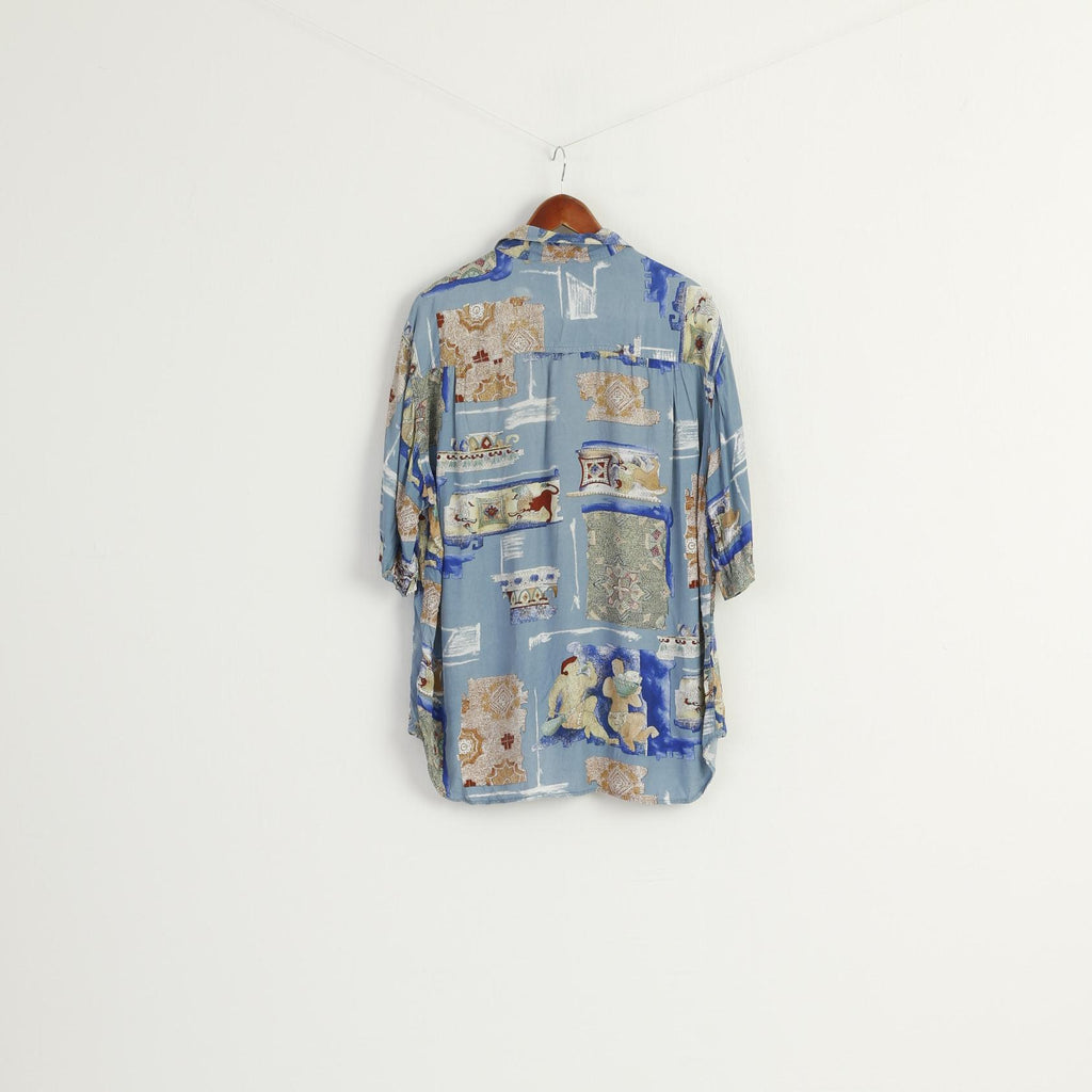 Globe Trotter Men XL Casual Shirt Blue Soft Cotton Vintage Printed Pocket Top