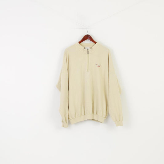 Adidas Men XL Sweatshirt Vintage Collar Cream Logo Cotton Zip Neck F198 90' Oversize Top
