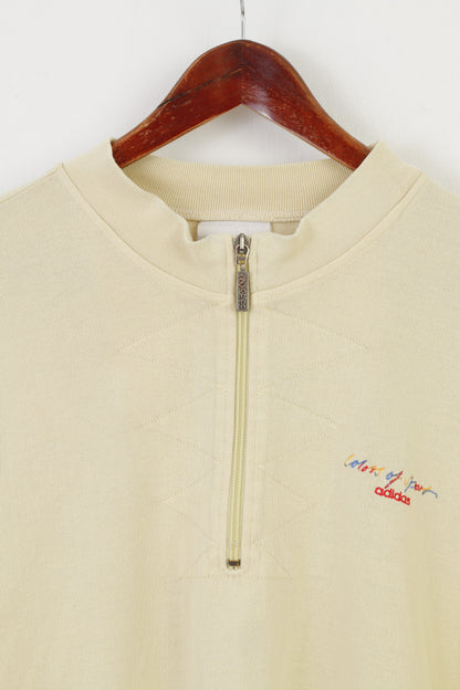 Adidas Men XL Sweatshirt Beige Vintage Logo Cotton Zip Neck F198 90' Oversize Top