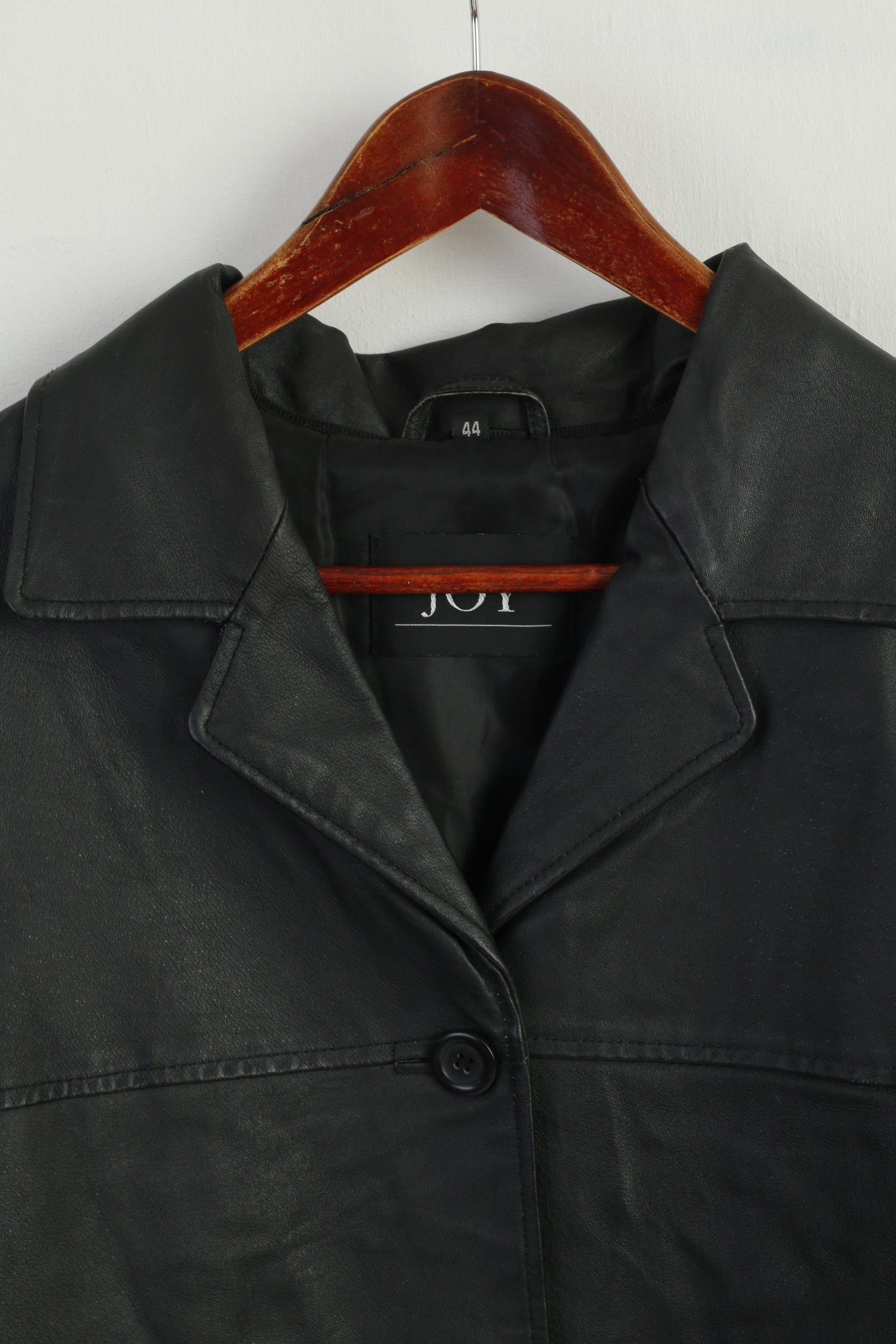 JOY Women 44 L Jacket Vintage Black Leather Shoulder Pads Buttoned Retro Top