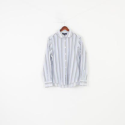 Ben Sherman Men L Casual Shirt White Blue Striped Collar Long Sleeve Elegant The Original Cotton Top