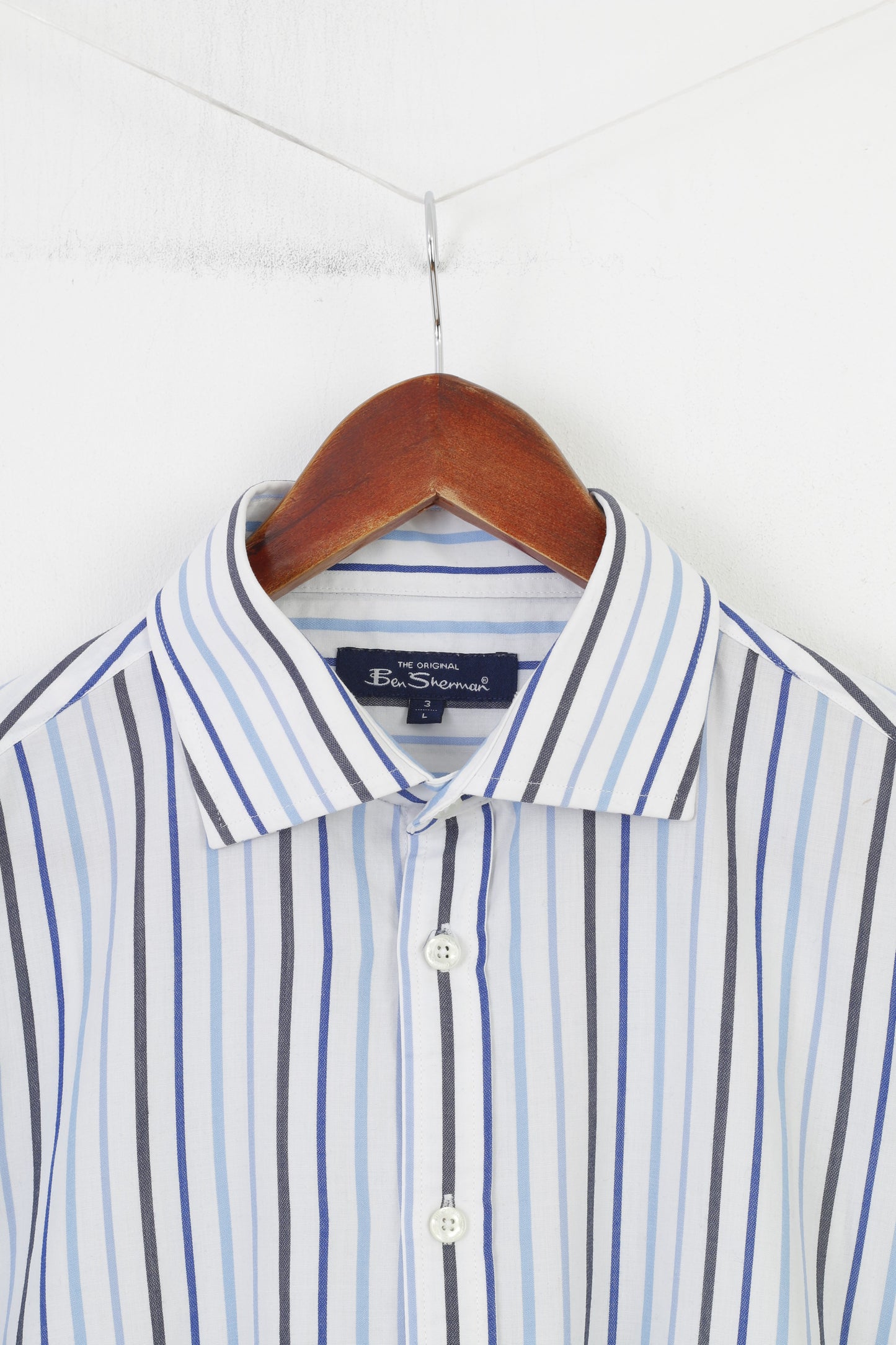 Ben Sherman Men L Casual Shirt White Blue Striped Collar Long Sleeve Elegant The Original Cotton Top