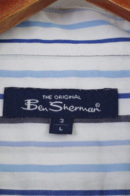 Ben Sherman Men L Casual Shirt White Blue Striped Collar Long Sleeve Elegant The Original Cotton Top