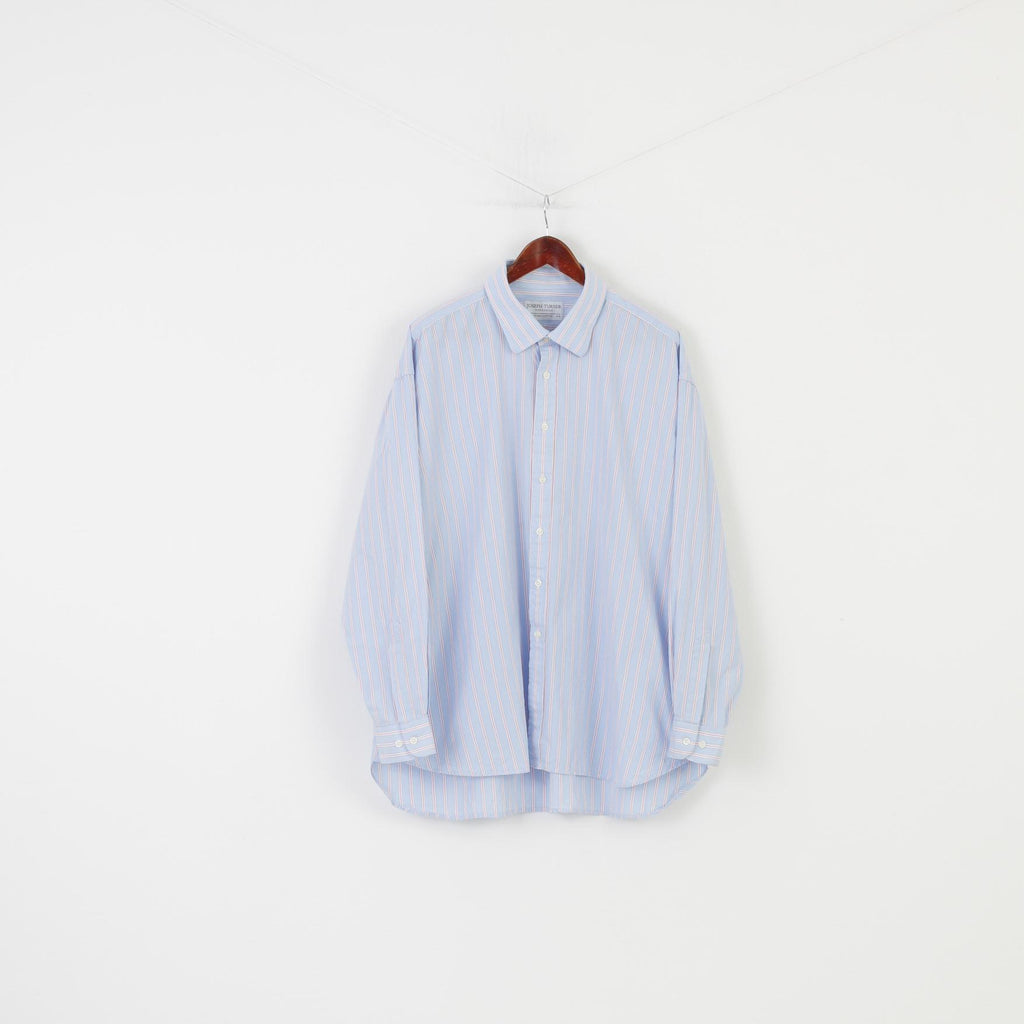 Joseph Turner Men 37R Casual Shirt Blue Pink Striped Collar Elegant Long Sleeve Pure Cotton Top