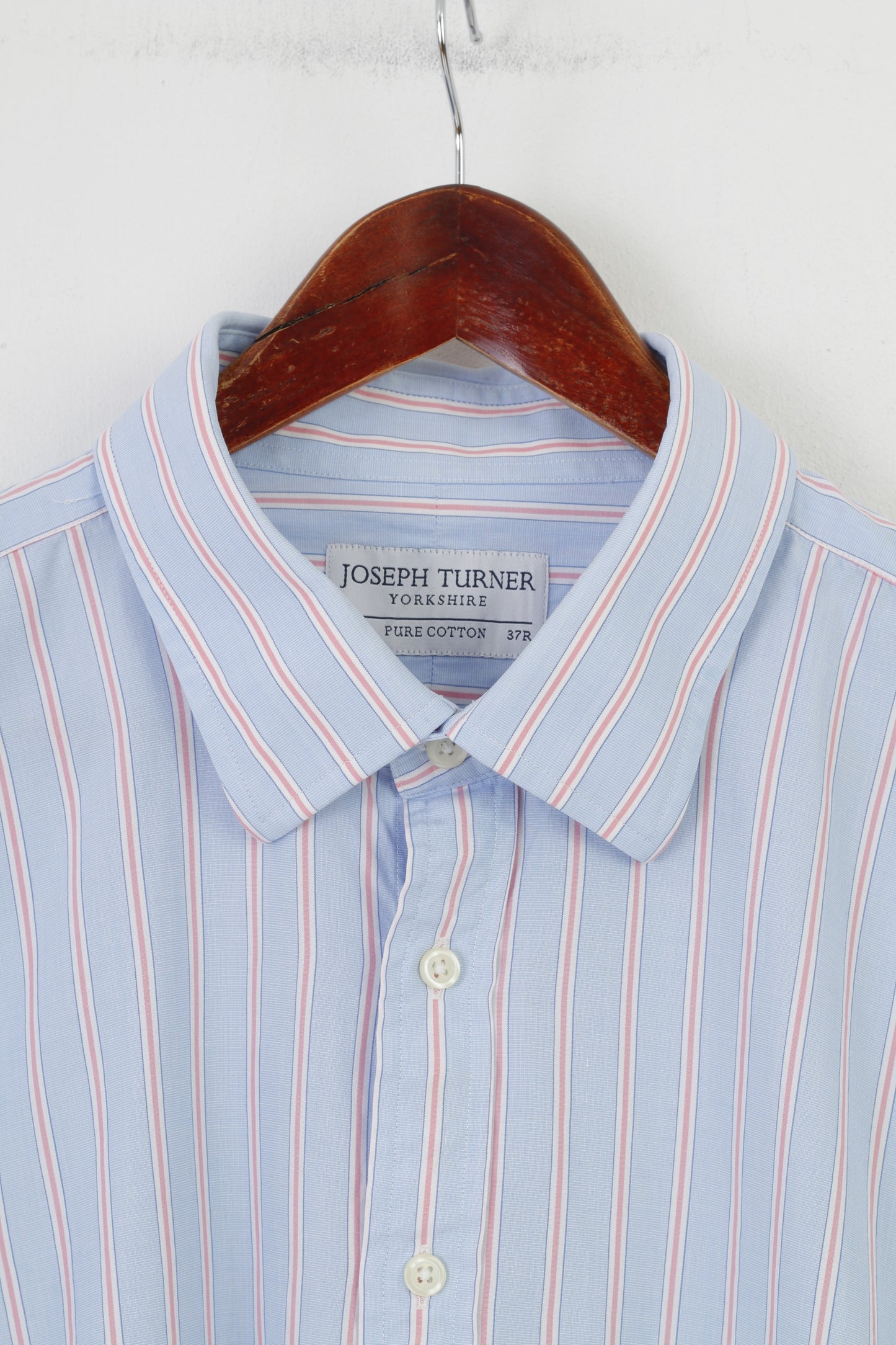 Joseph Turner Men 37R Casual Shirt Blue Pink Striped Collar Elegant Long Sleeve Pure Cotton Top