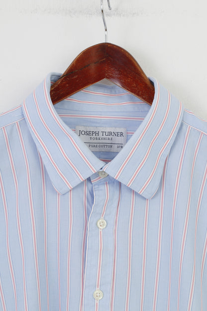 Joseph Turner Men 37R Casual Shirt Blue Pink Striped Collar Elegant Long Sleeve Pure Cotton Top