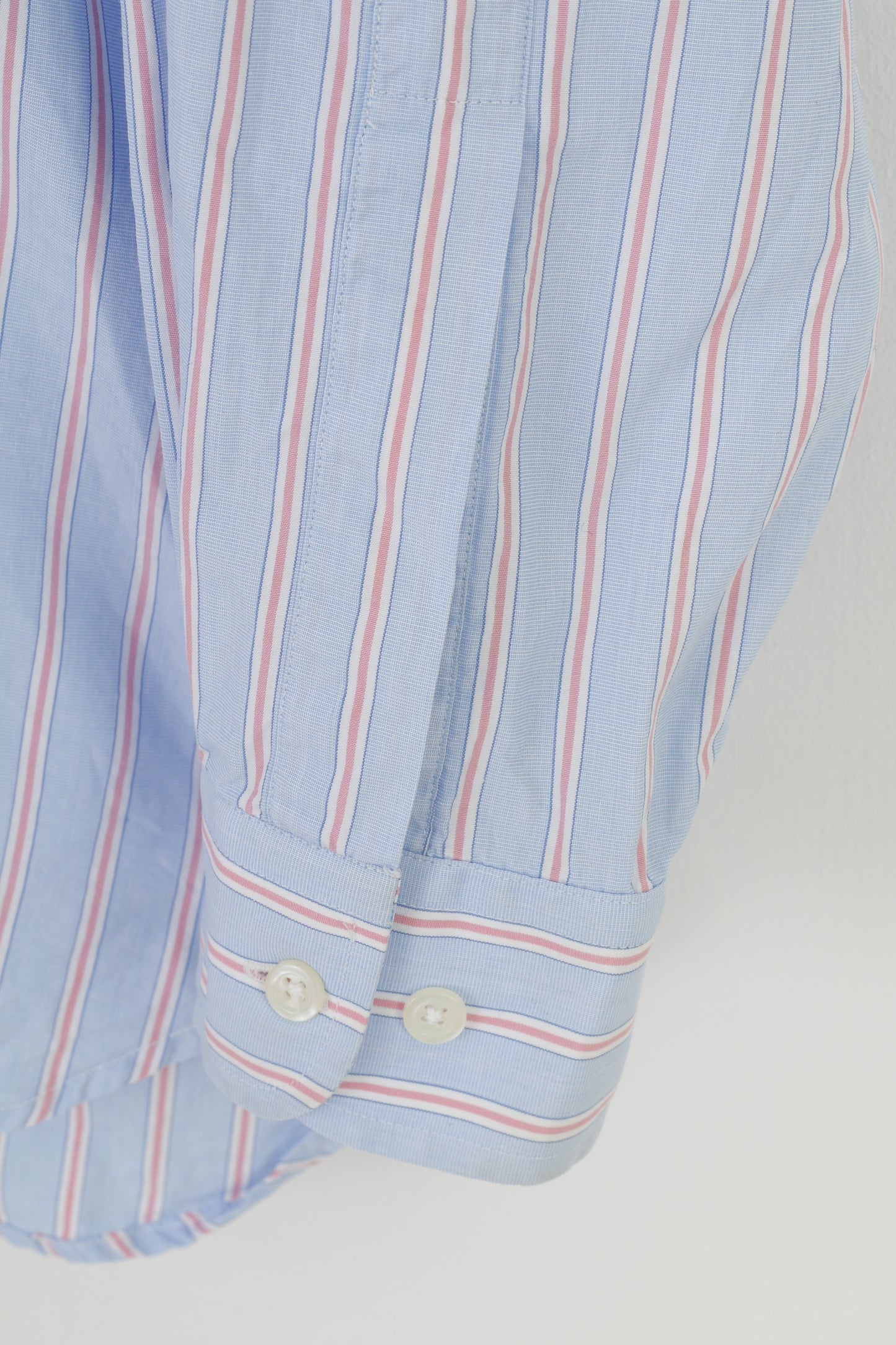 Joseph Turner Uomo 37R Camicia casual Blu Rosa Colletto a righe Elegante manica lunga Top in puro cotone