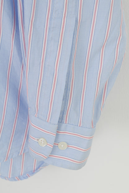 Joseph Turner Men 37R Casual Shirt Blue Pink Striped Collar Elegant Long Sleeve Pure Cotton Top