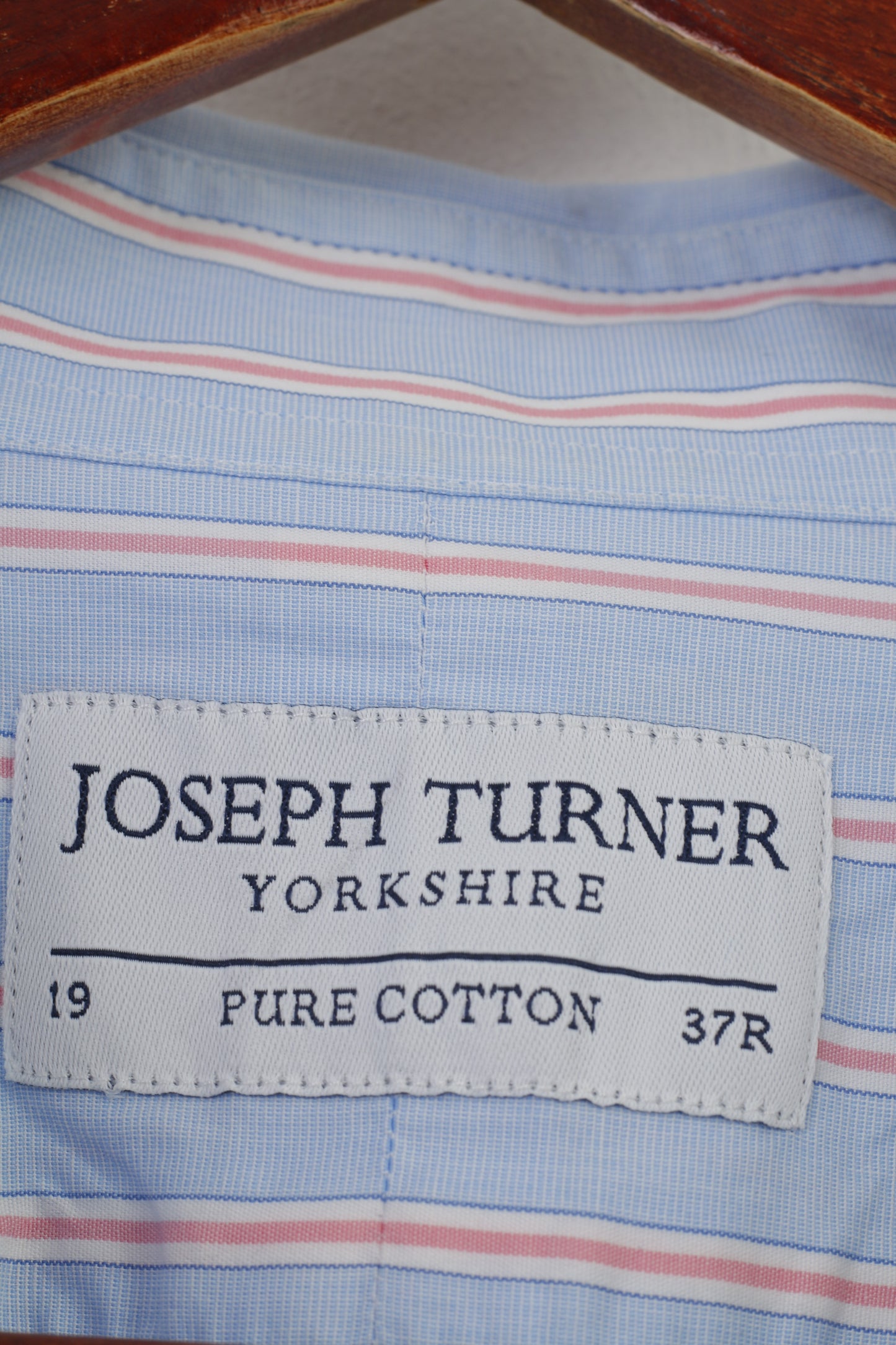 Joseph Turner Uomo 37R Camicia casual Blu Rosa Colletto a righe Elegante manica lunga Top in puro cotone