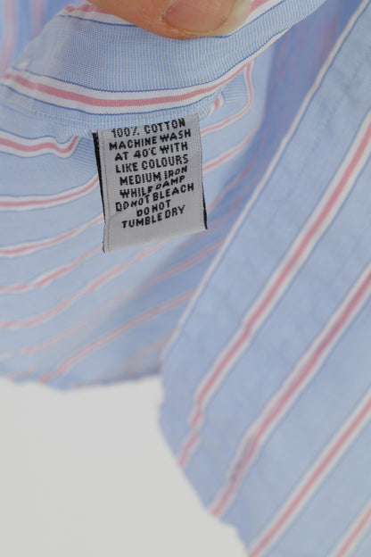 Joseph Turner Men 37R Casual Shirt Blue Pink Striped Collar Elegant Long Sleeve Pure Cotton Top