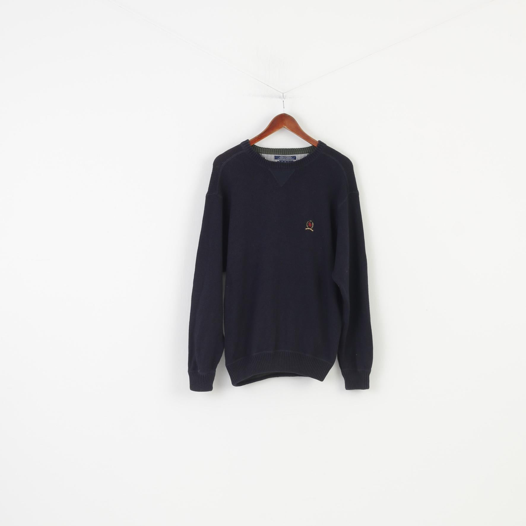 Tommy Hilfiger Men S Jumper Navy Cotton Logo Crew Neck Long Sleeve Winter Sweater 