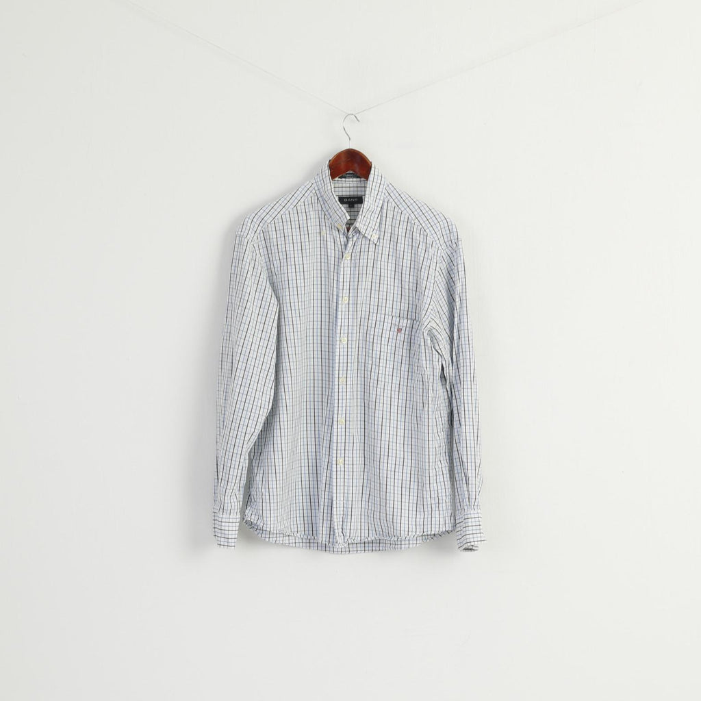GANT Men M Casual Shirt White Blue Check Pinpoint Twill Regular Fit Top