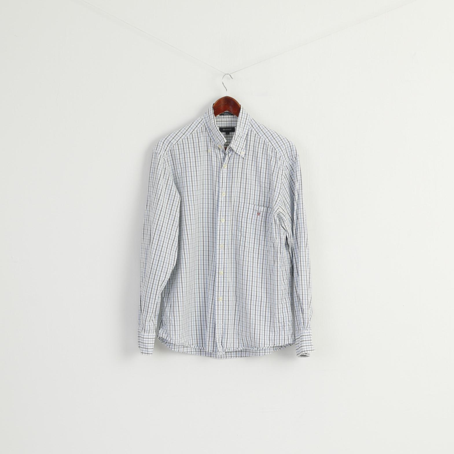 GANT Men M Casual Shirt White Blue Check Pinpoint Twill Regular Fit Top