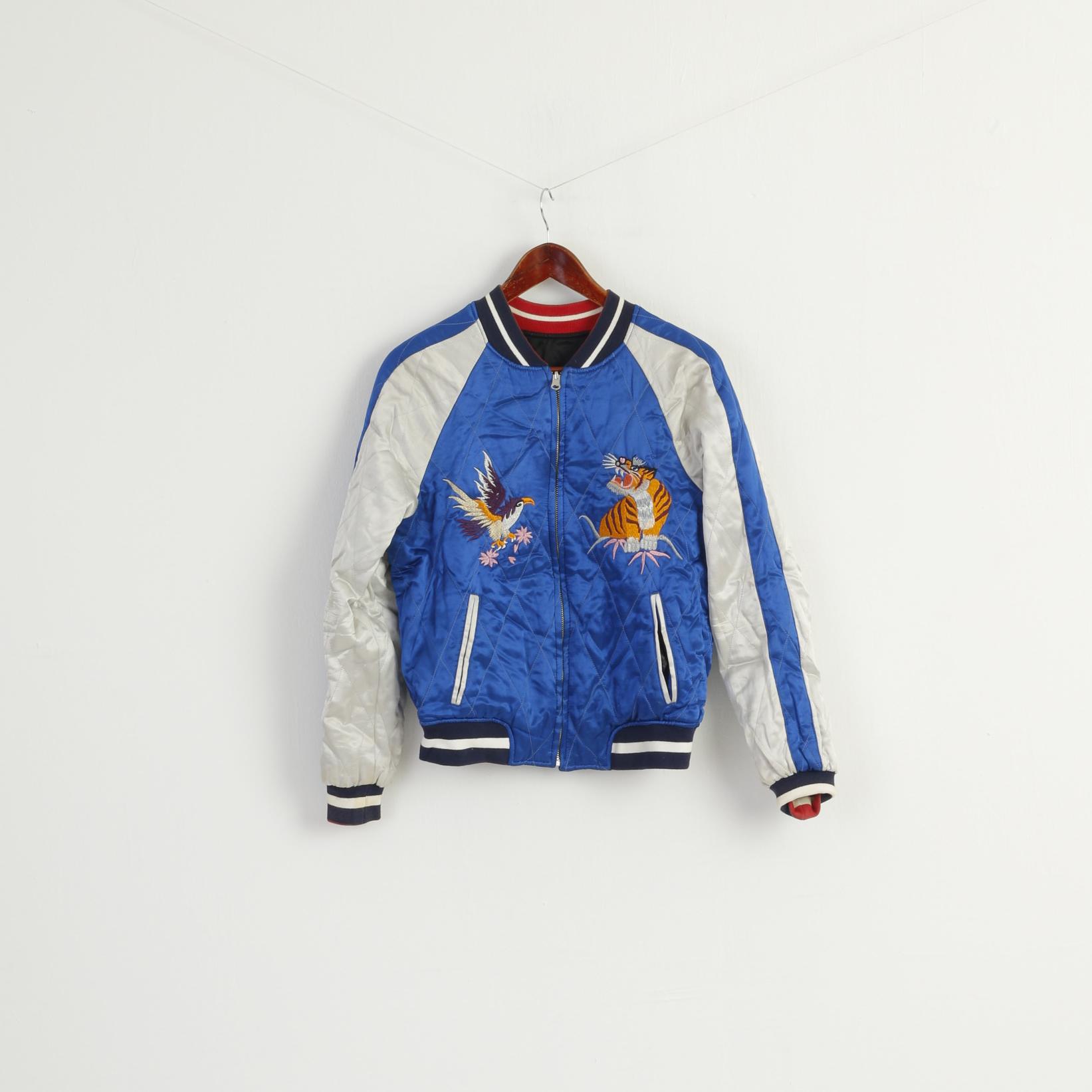 Topshop Women 6 10 XS Jacket Blue Black Shiny Japan Emroidered Double Sided Top