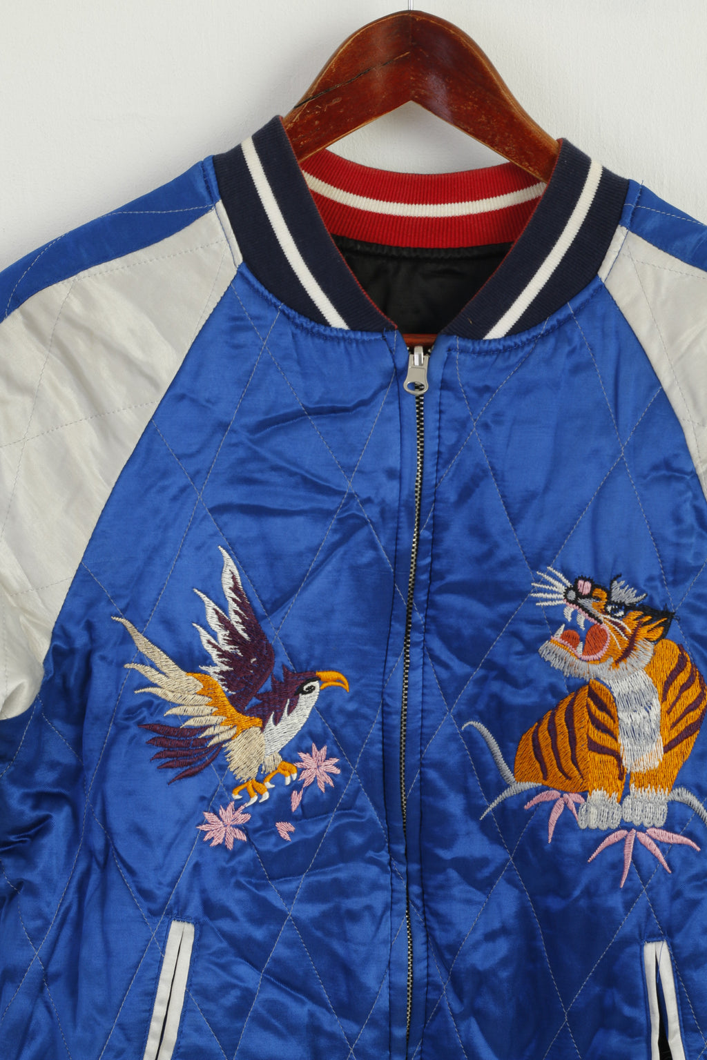 Topshop Women 6 10 XS Jacket Blue Black Shiny Japan Emroidered Double Sided Top